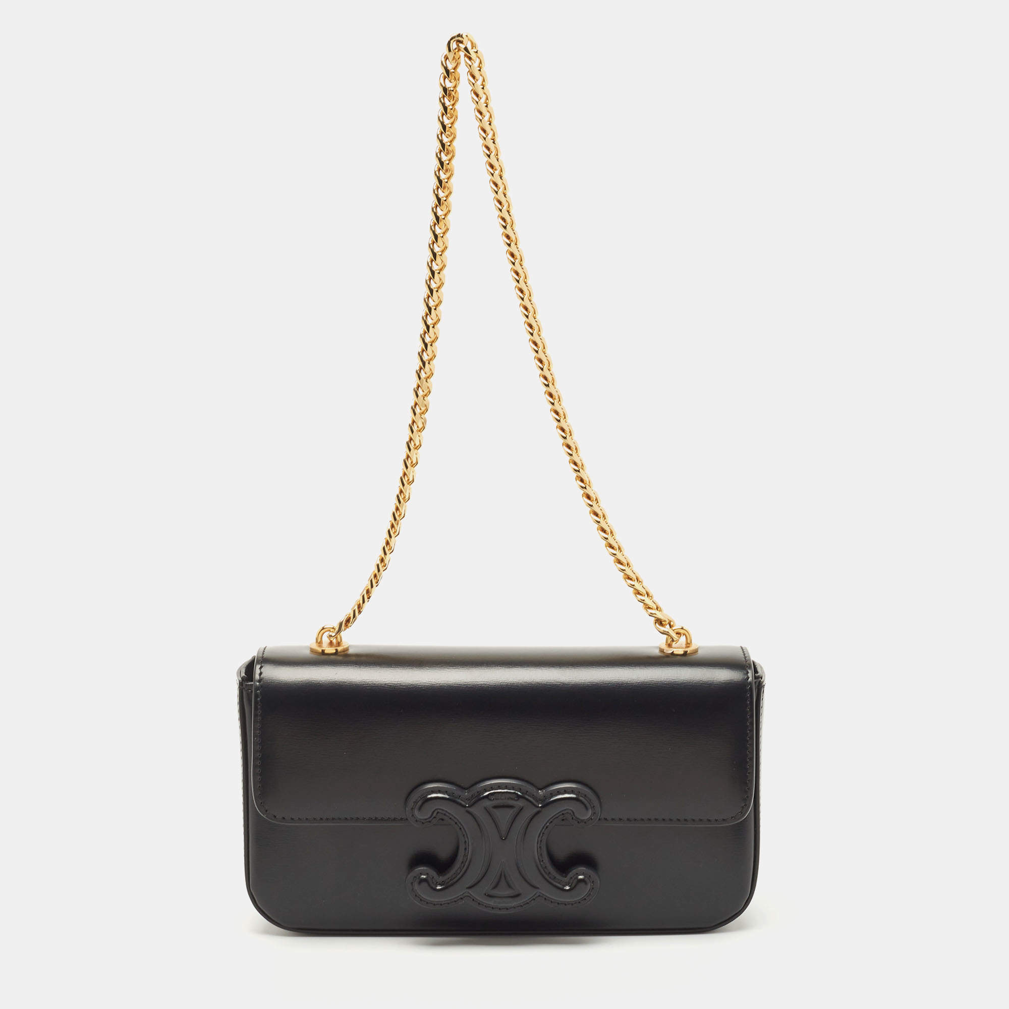 Celine Triomphe Chain Shoulder Bag Black in Shiny Calfskin Leather with Gold-tone  - US