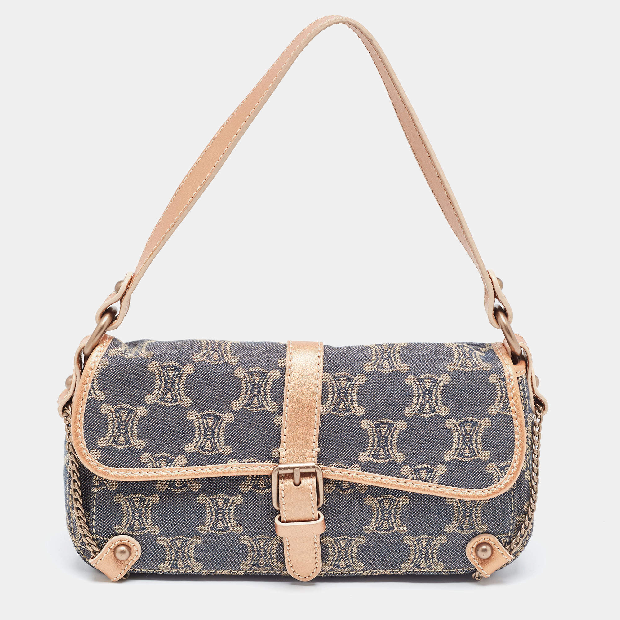 Pre Owned Celine Rose Gold/Blue Macadam Denim and Leather Buckle Flap Hobo