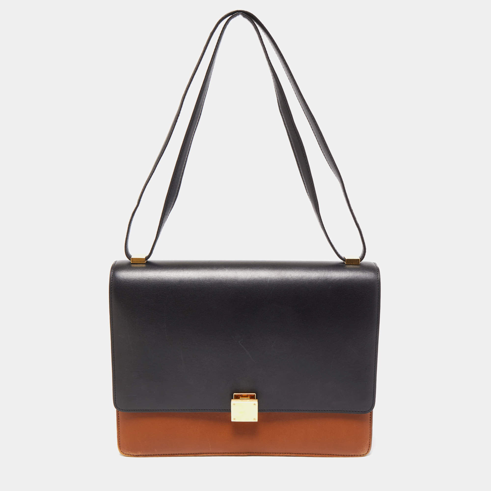 Pre Owned Celine Black/Tan Leather Large Case Flap Chain Bag