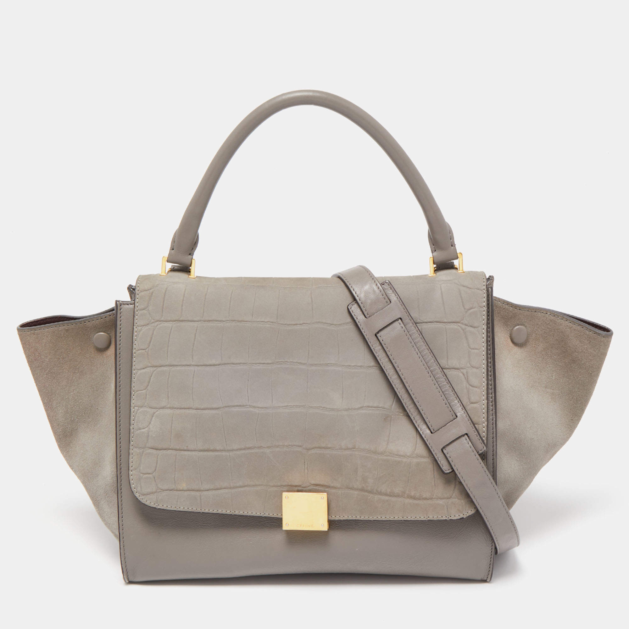 Pre Owned Celine Two Tone Grey Croc Embossed Leather and Suede Medium Trapeze Top Handle Bag