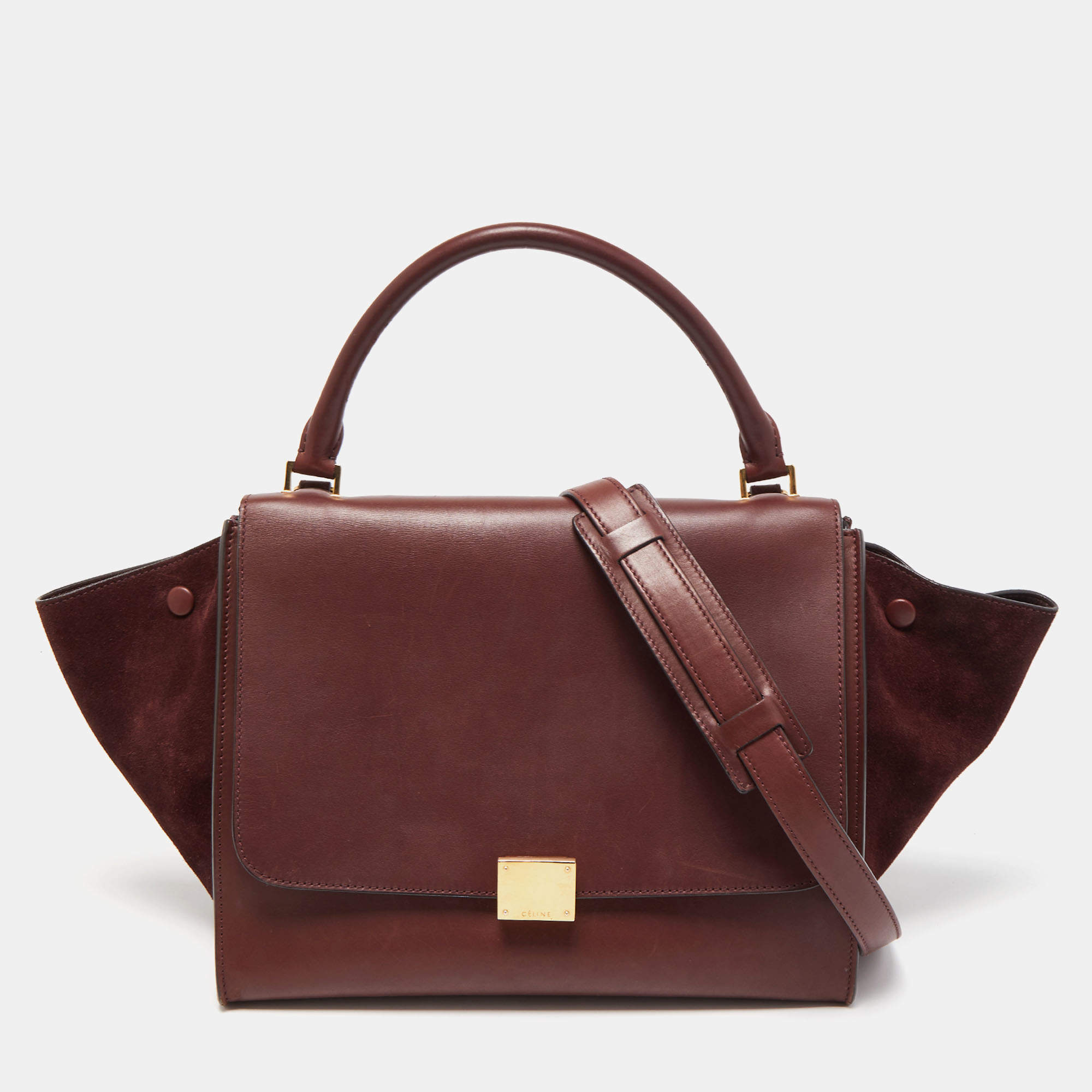 Pre Owned Celine Dark Red Leather and Suede Medium Trapeze Top Handle Bag