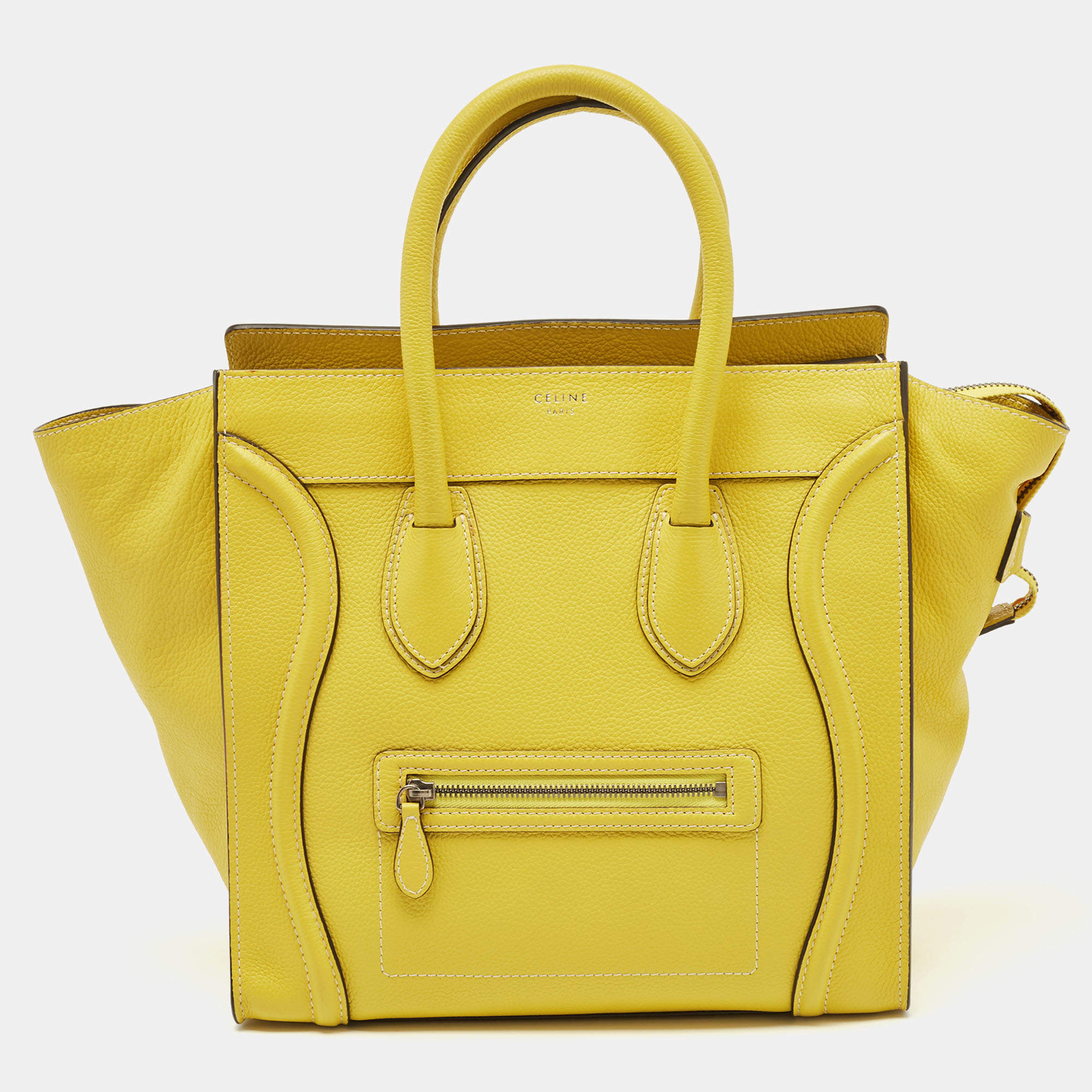 CELINE Mini Luggage Tote Citron Yellow AUTHENTIC Drummed Calfskin Bag