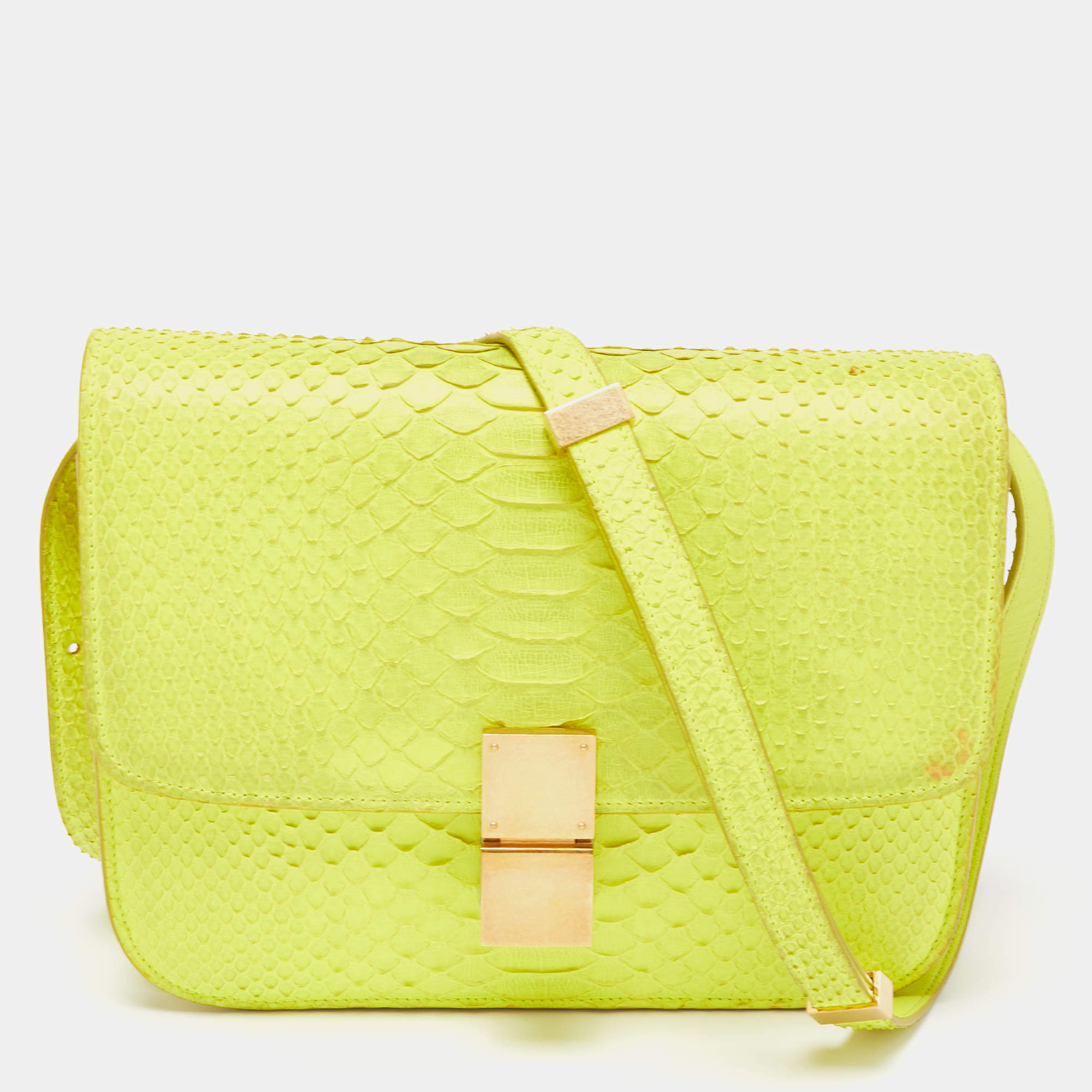 Pre Owned Celine Neon Green Python Medium Classic Box Shoulder Bag