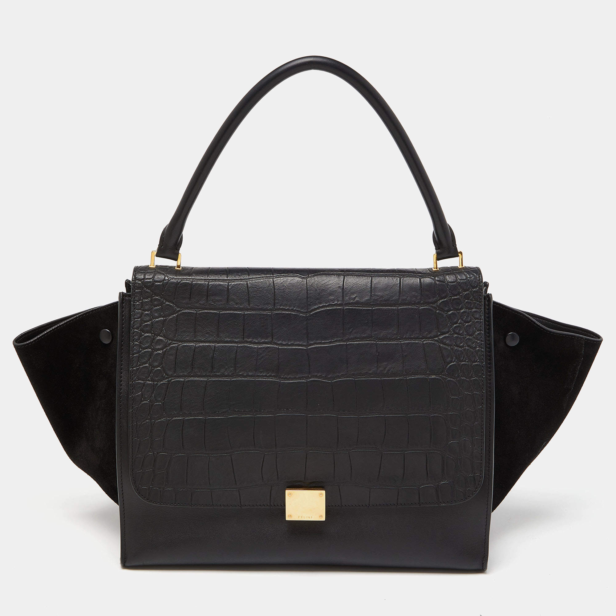 Pre Owned Celine Black Leather,Croc Embossed and Suede Large Trapeze Bag