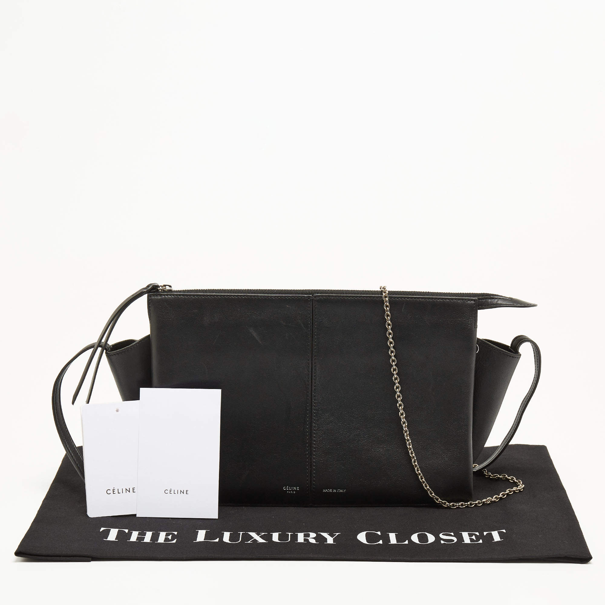 65699 auth CELINE black leather TRIFOLD Clutch on Chain Crossbody Bag