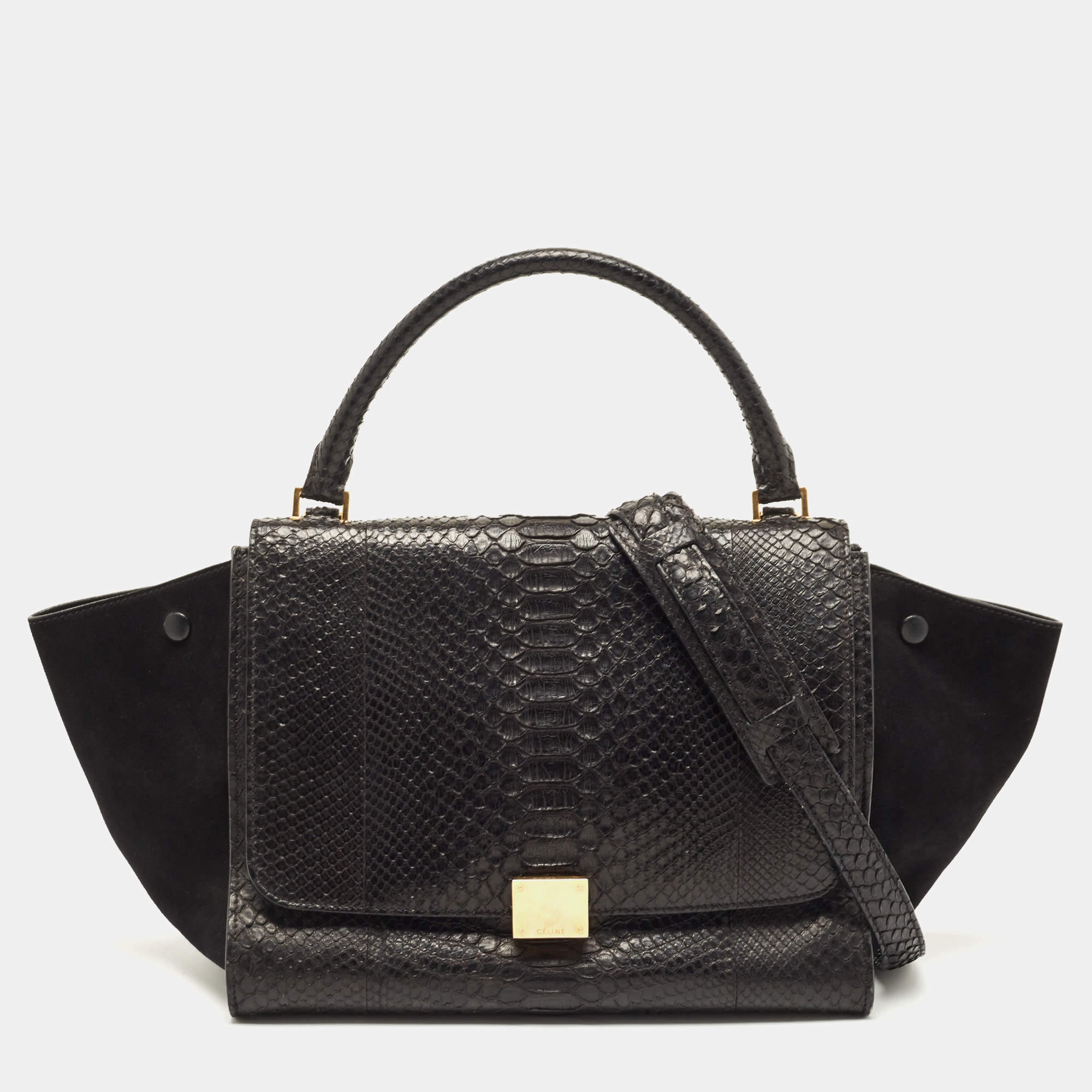 Pre Owned Celine Black Python and Suede Medium Trapeze Top Handle Bag