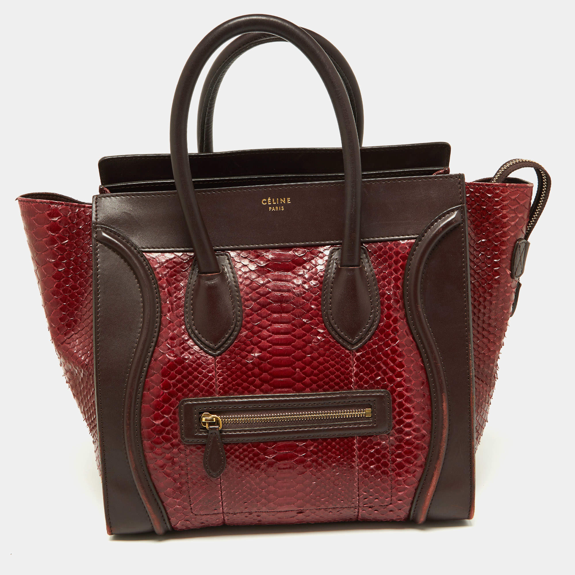 Pre Owned Céline Red/Burgundy Python and Leather Mini Luggage Tote
