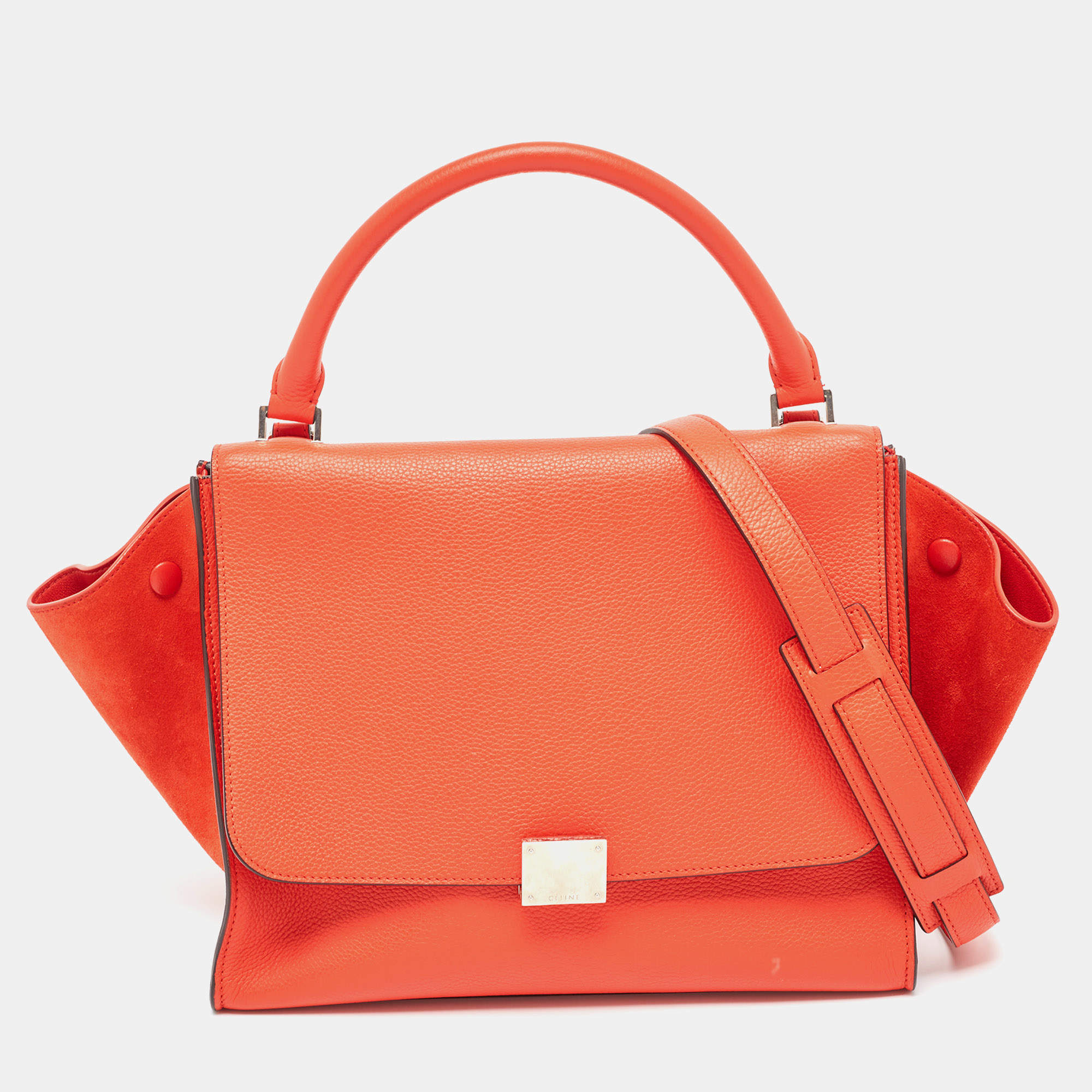 Pre Owned Celine Coral Red Leather and Suede Medium Trapeze Top Handle Bag