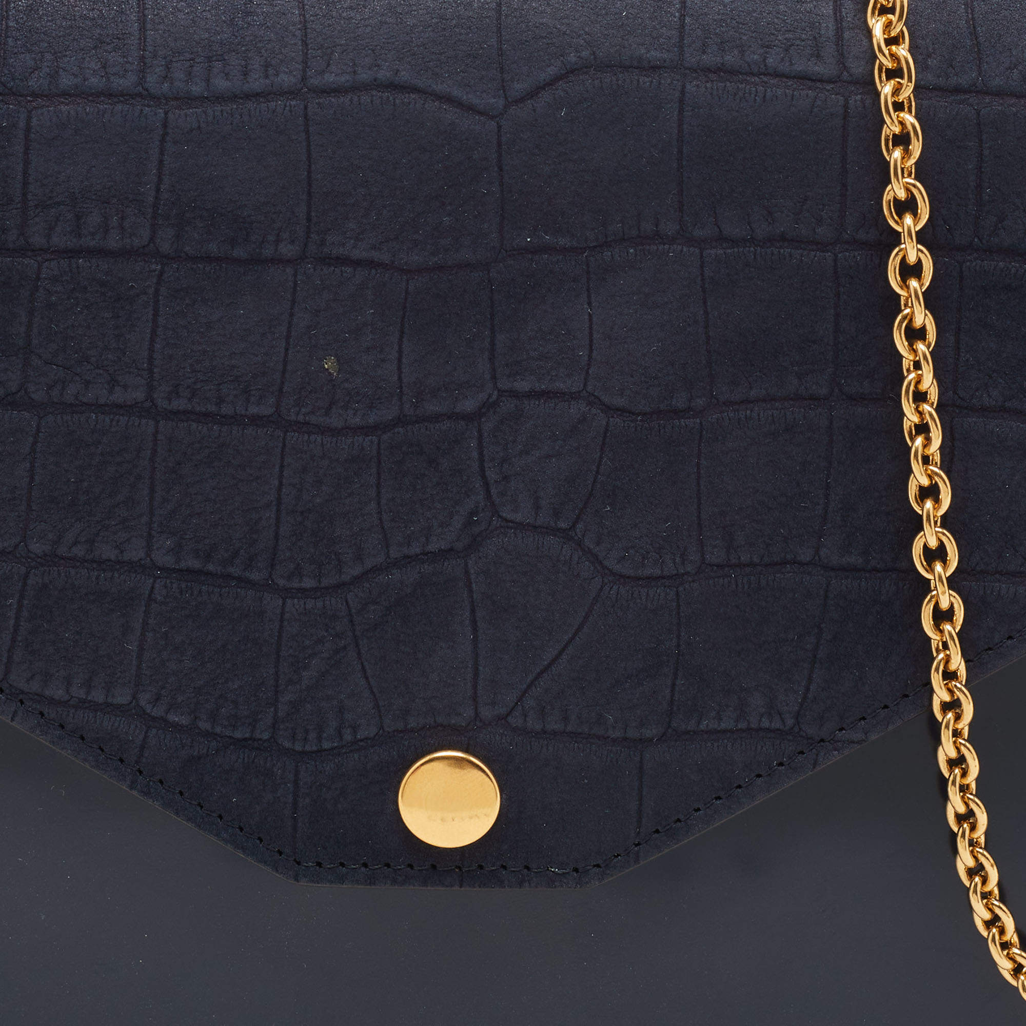 Celine Navy Blue/Black Croc Embossed and Leather Pocket Envelope Chain Clutch