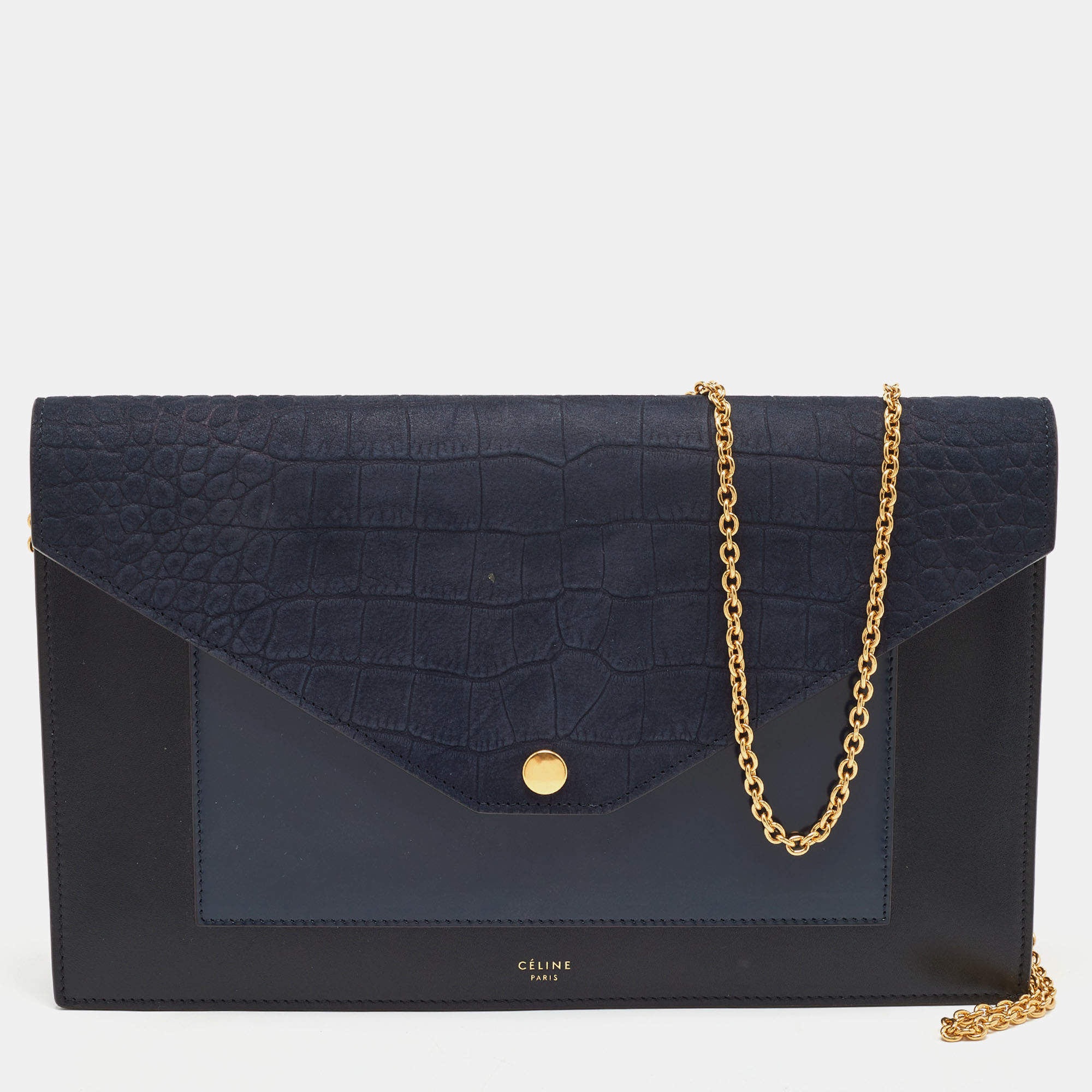 Celine Navy Blue/Black Croc Embossed and Leather Pocket Envelope Chain Clutch
