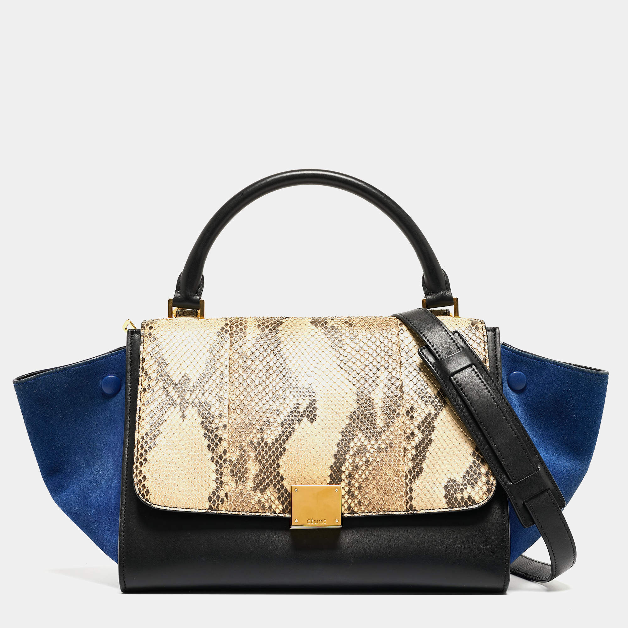 Pre Owned Celine Multicolor Snakeskin And Suede Small Trapeze Bag