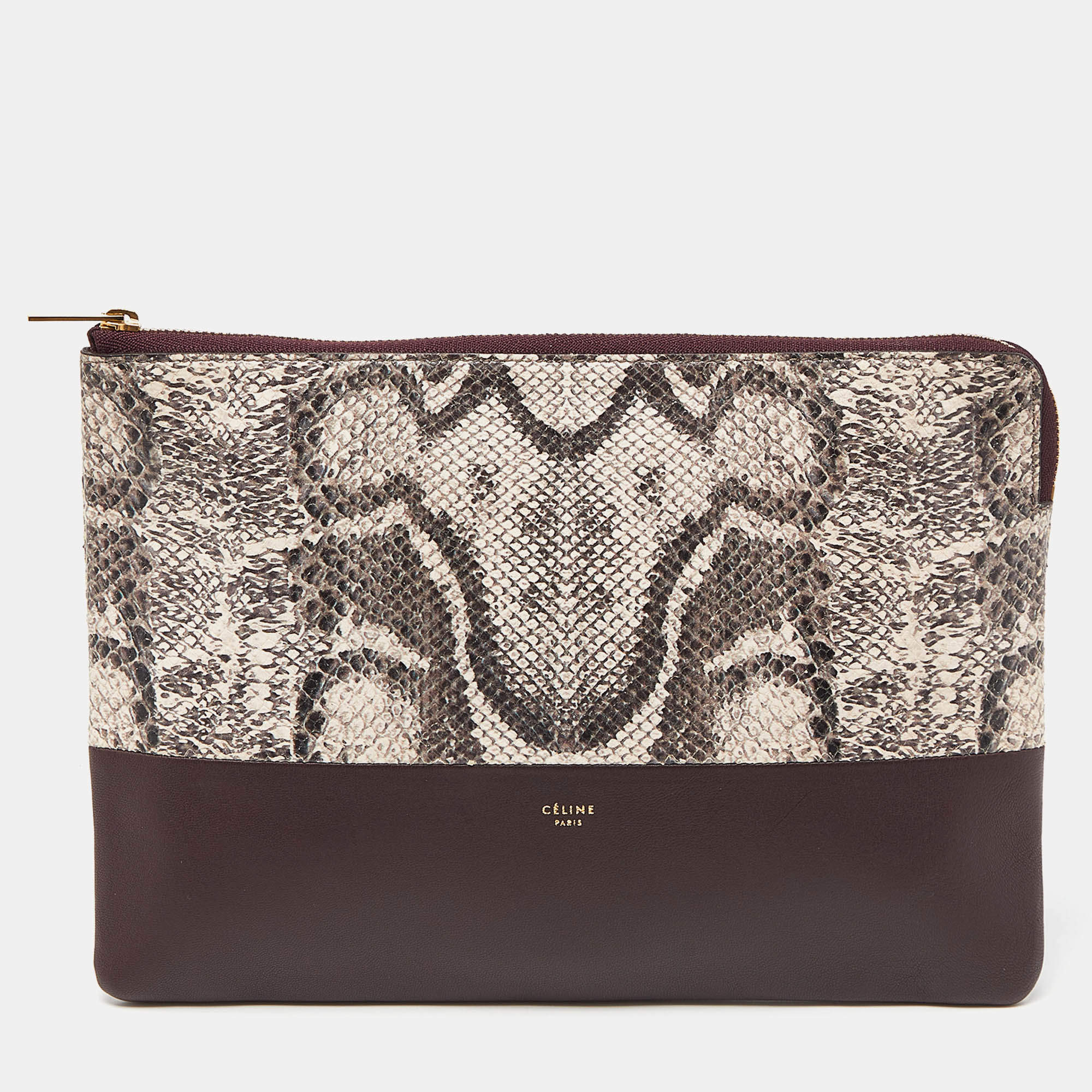 Pre Owned Celine Beige/Burgundy Snake Print Leather and Leather Solo Clutch Pouch