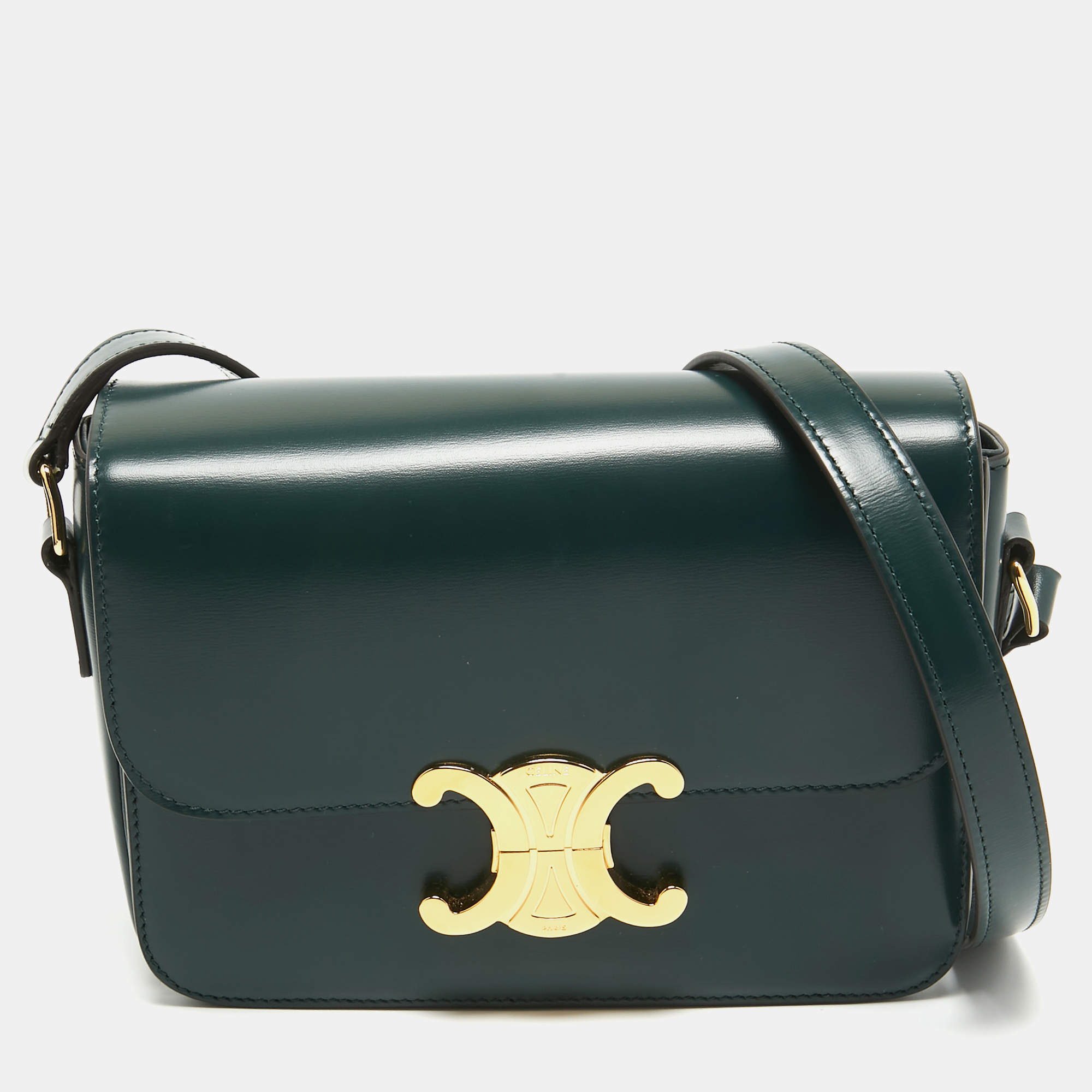 Pre Owned Celine Dark Green Leather Teen Triomphe Shoulder Bag