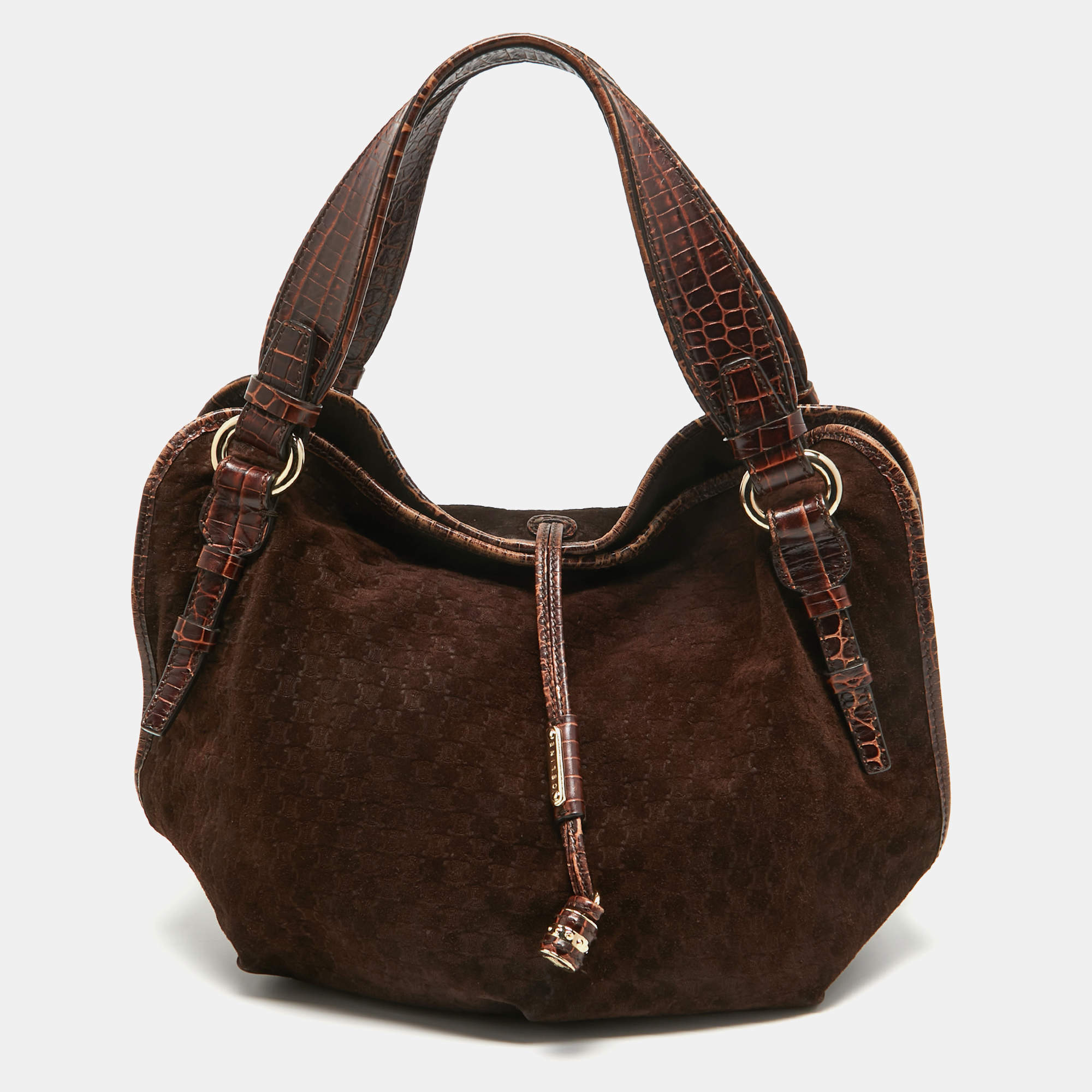 Celine Dark Brown Macadam Suede and Croc Embossed Leather Bittersweet Hobo