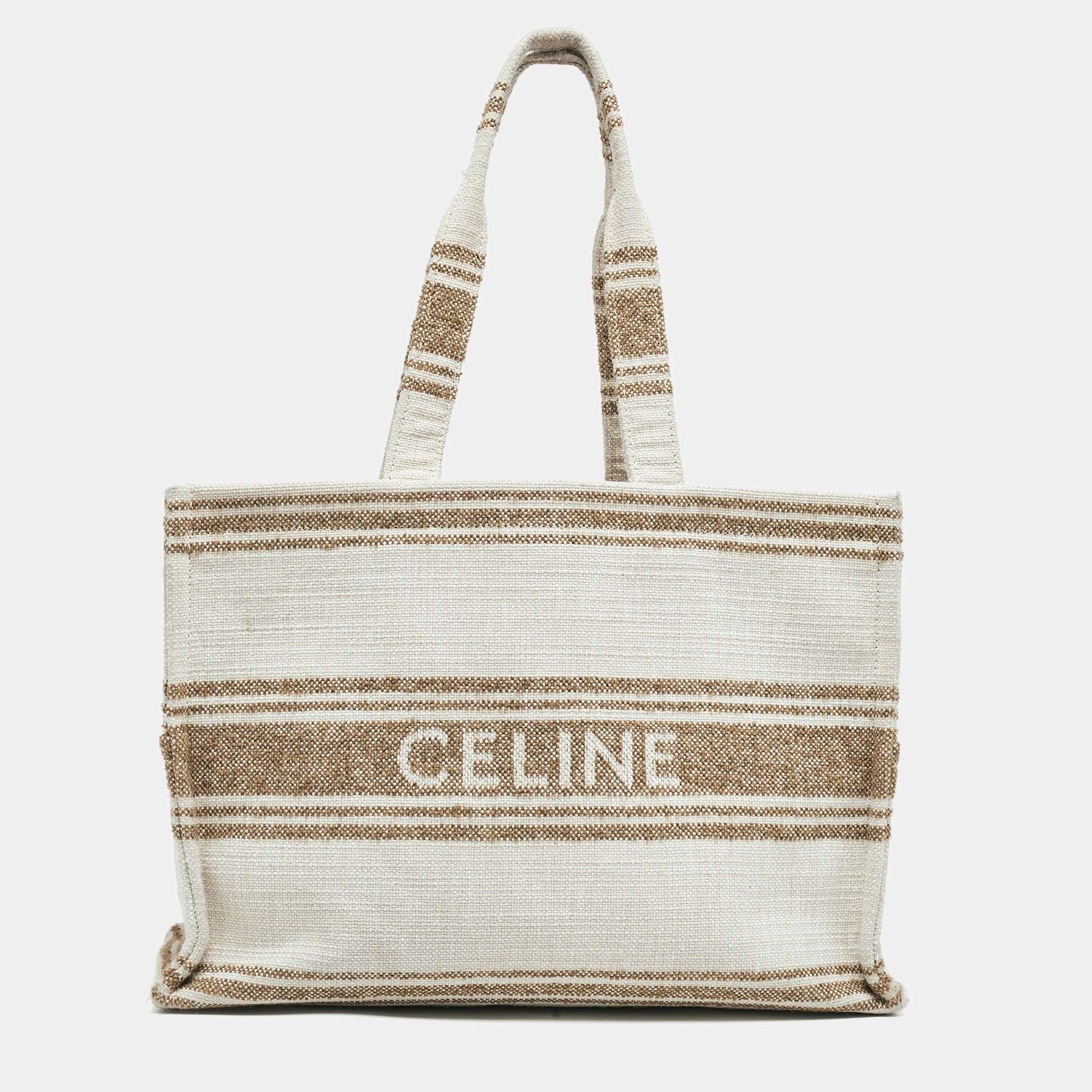 Pre Owned Celine Beige/Brown Striped Jacquard Cabas Thais Tote