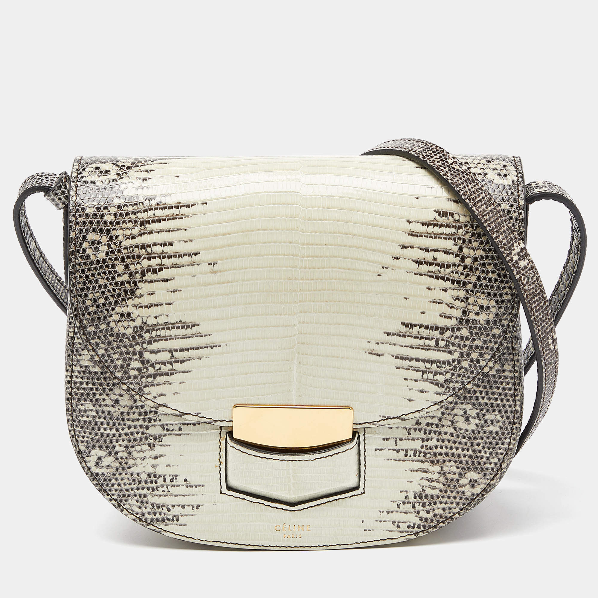 Pre Owned Celine Cream/Black Lizard Small Trotteur Crossbody Bag