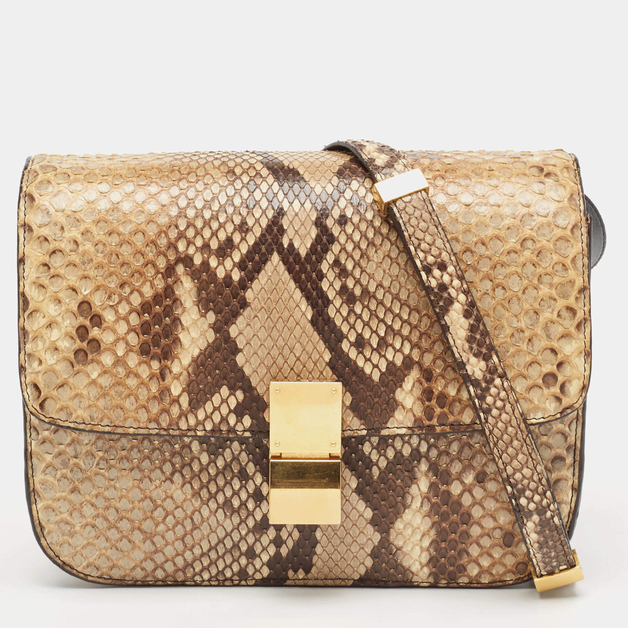 Pre Owned Celine Beige/Grey Python Medium Classic Box Shoulder Bag