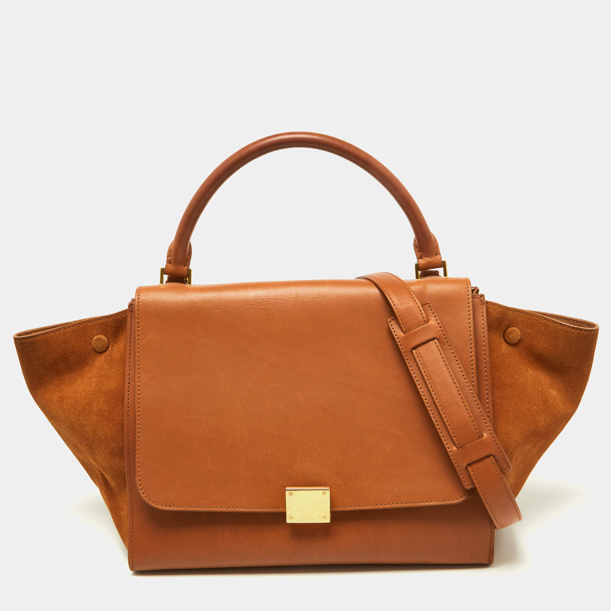 Pre Owned Celine Tan Leather and Suede Medium Trapeze Bag