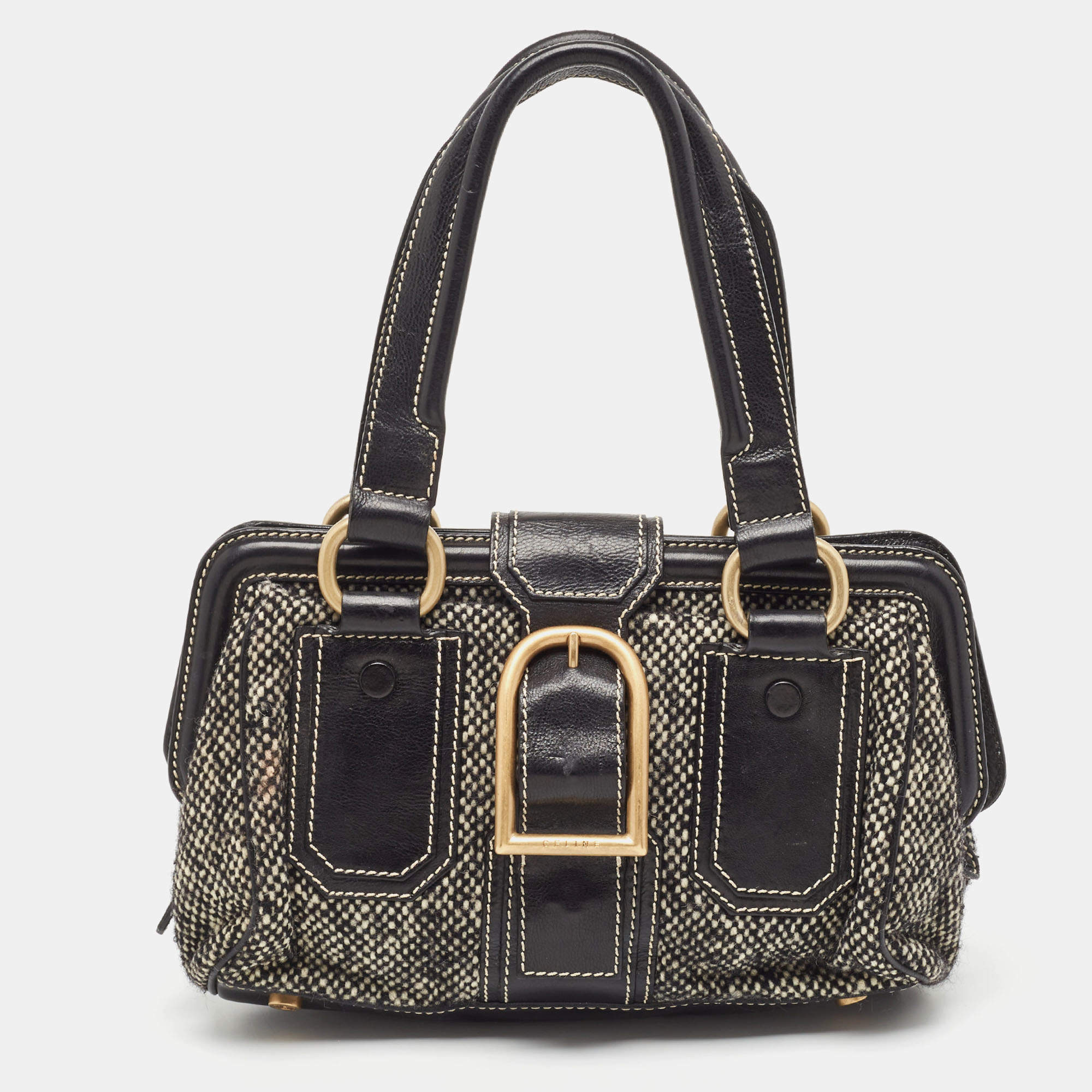 Pre Owned Celine Black/Grey Wool and Leather Ella Frame Bag