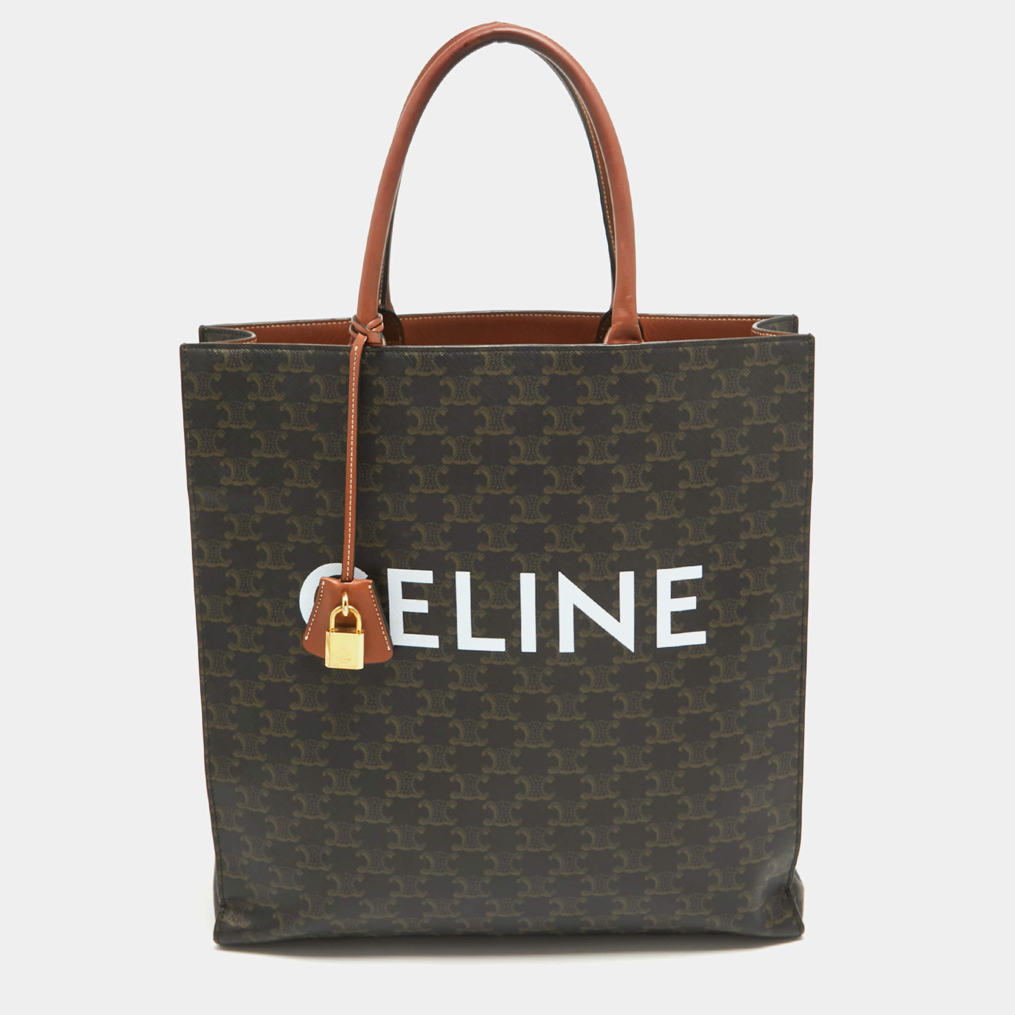 Pre Owned Celine Dark Brown Triomphe Coated Canvas and Leather Medium Vertical Cabas Tote