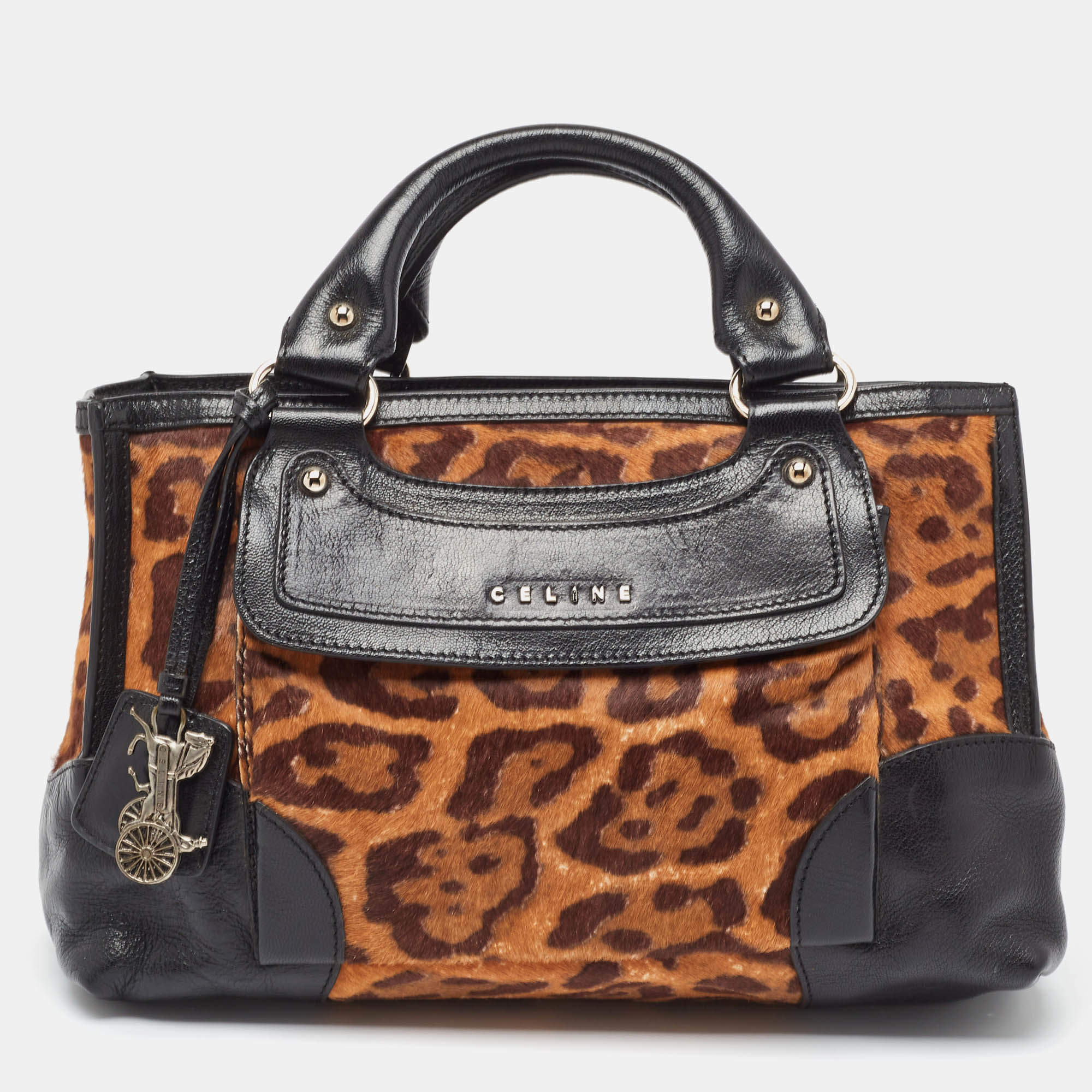 Pre Owned Celine Black/Brown Leopard Print Calf Hair and  Leather Boogie Satchel