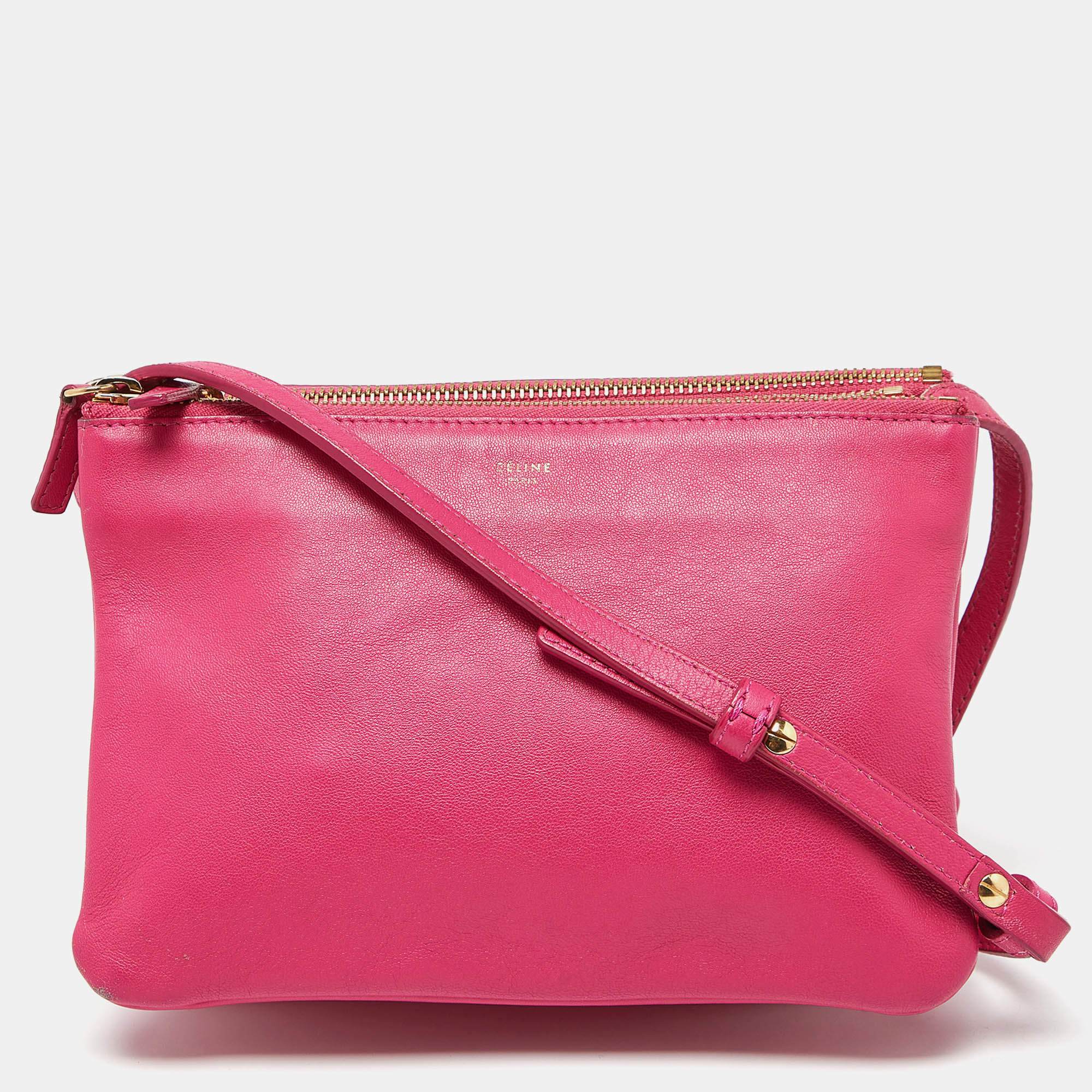 Pre Owned Celine Pink Leather Small Trio Crossbody Bag 