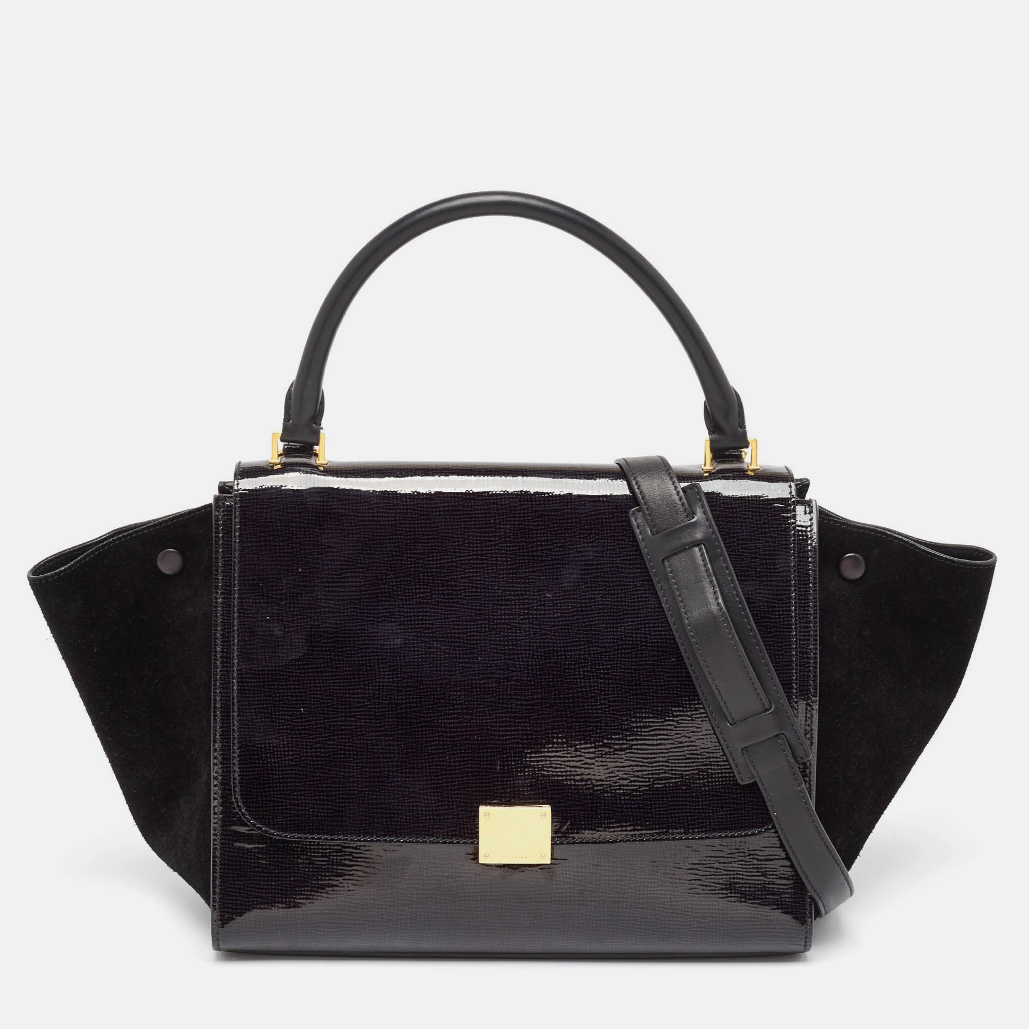 Pre Owned Celine Black Patent Leather and Suede Medium Trapeze Bag