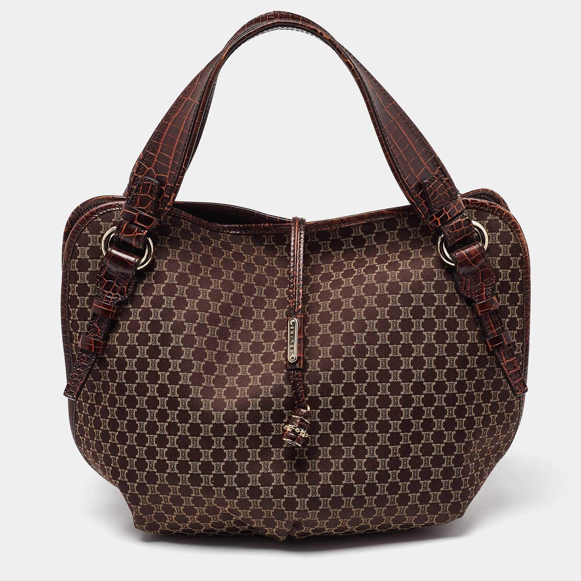 Celine Dark Brown Macadam Fabric and Croc Embossed Leather Bittersweet Hobo