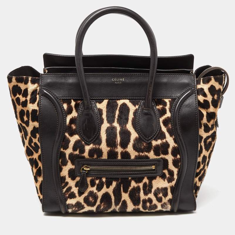 مملوكة مسبقًا Celine Brown Leopard Print Calfhair and Leather Mini Luggage Tote