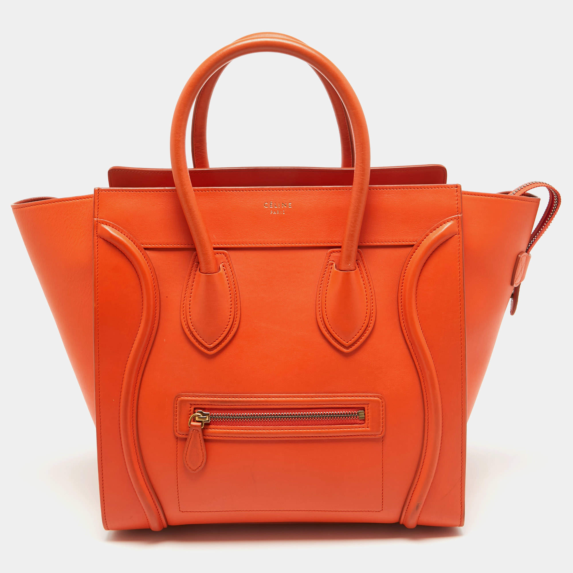 Pre Owned Celine Orange Leather Mini Luggage Tote