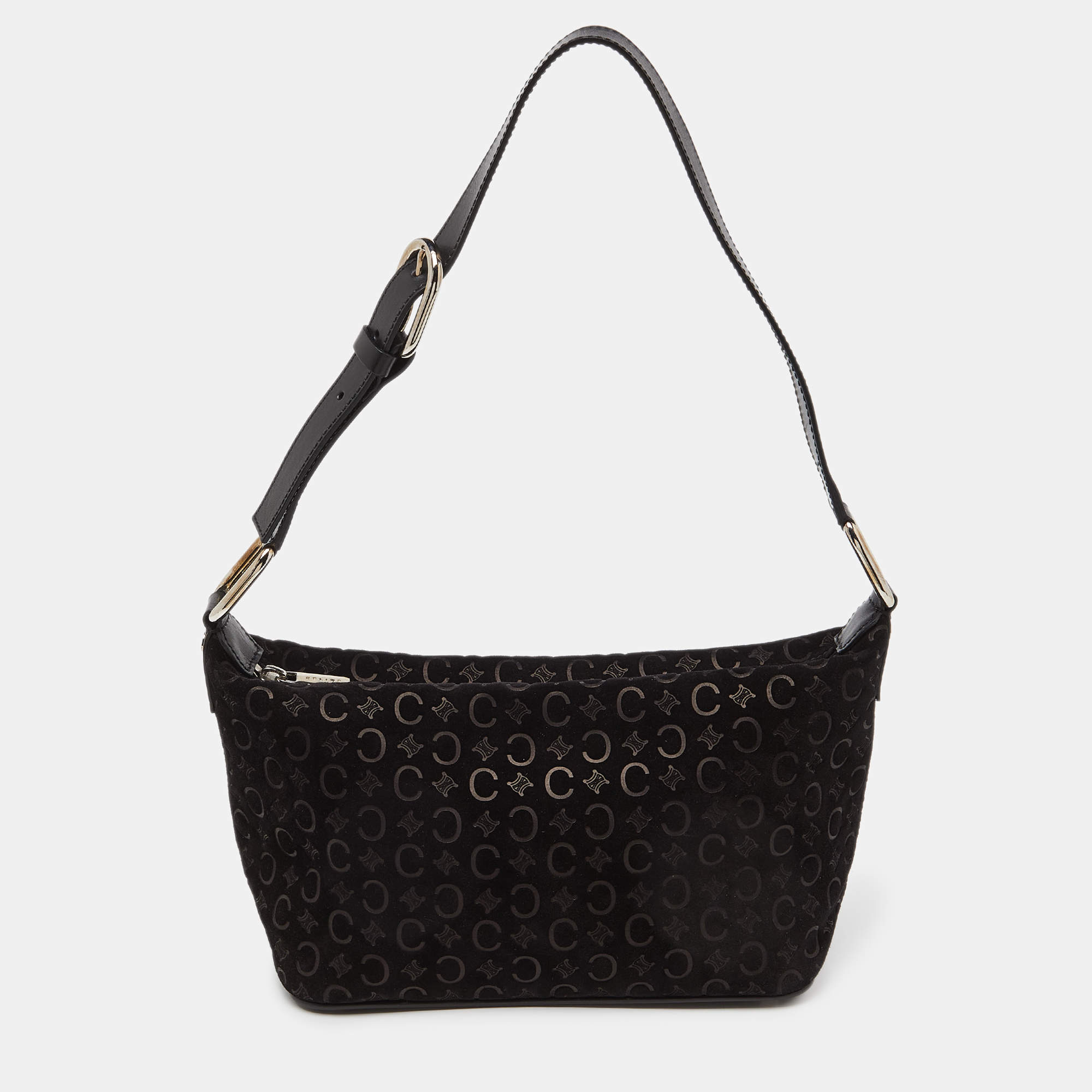 Pre Owned Celine Black Macadam Embossed Suede and Leather Baguette Bag