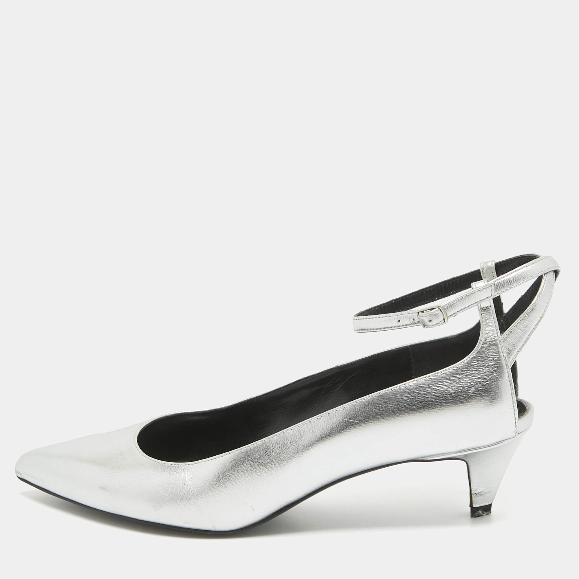 Pre Owned Celine Silver Leather Ankle Strap Pumps Size 40