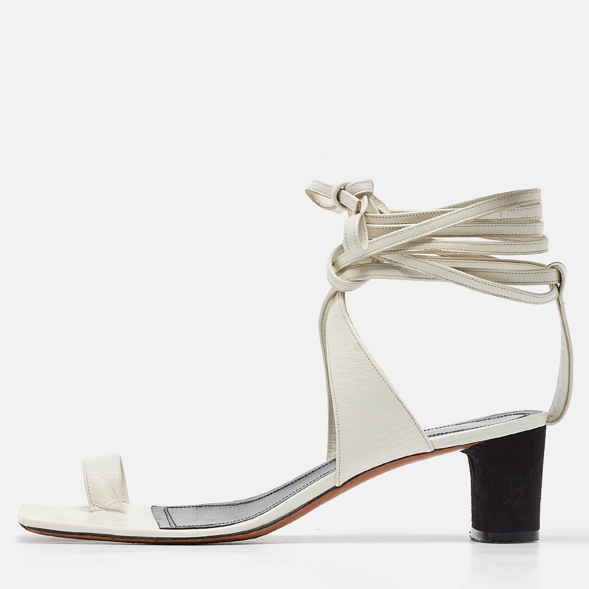 Pre Owned Celine White Leather Toe Ring Ankle Wrap Sandals Size 37.5