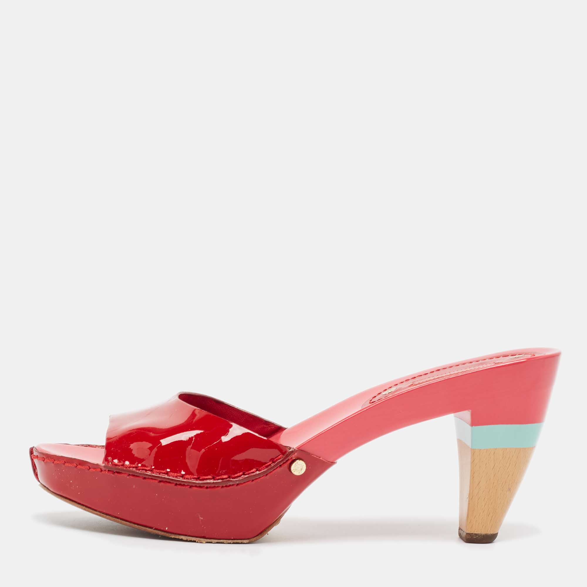 Celine Red Patent Leather Platform Slide Sandals Size 39