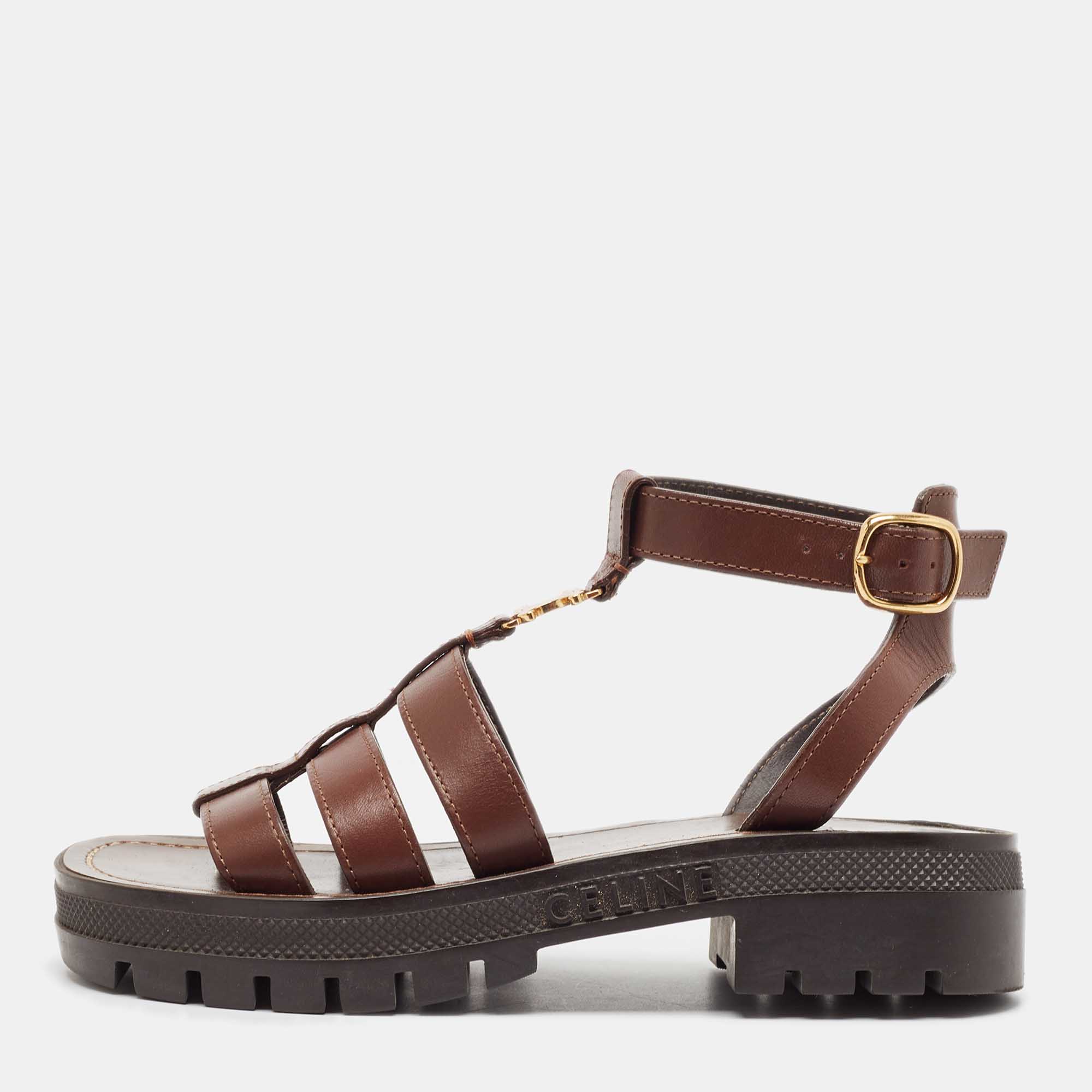 Celine Brown Leather Clea Triomphe Sandals Size 34