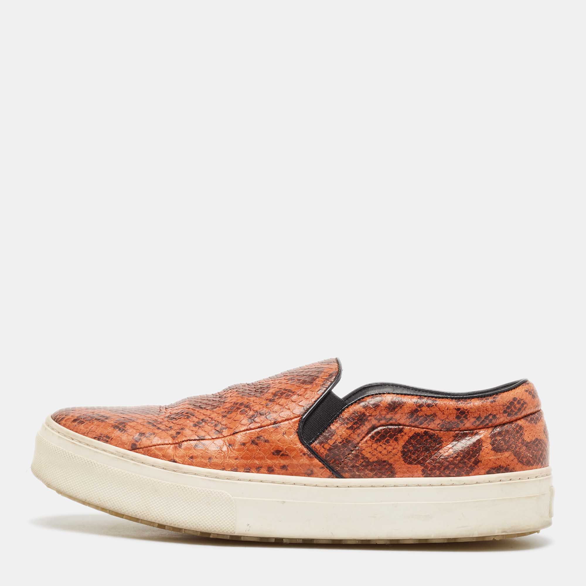 Celine Orange/Brown Snakeskin Leather Skate Slip On Sneakers Size 38.5