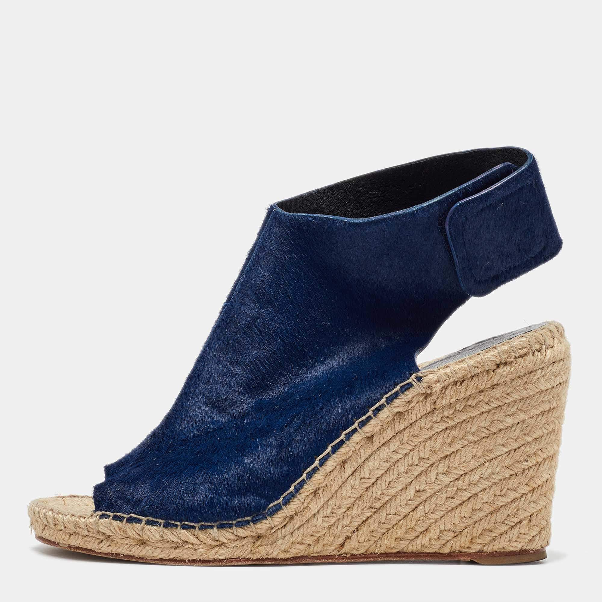 Celine Blue Calf Hair Open Toe Espadrille Wedge Sandals Size 40