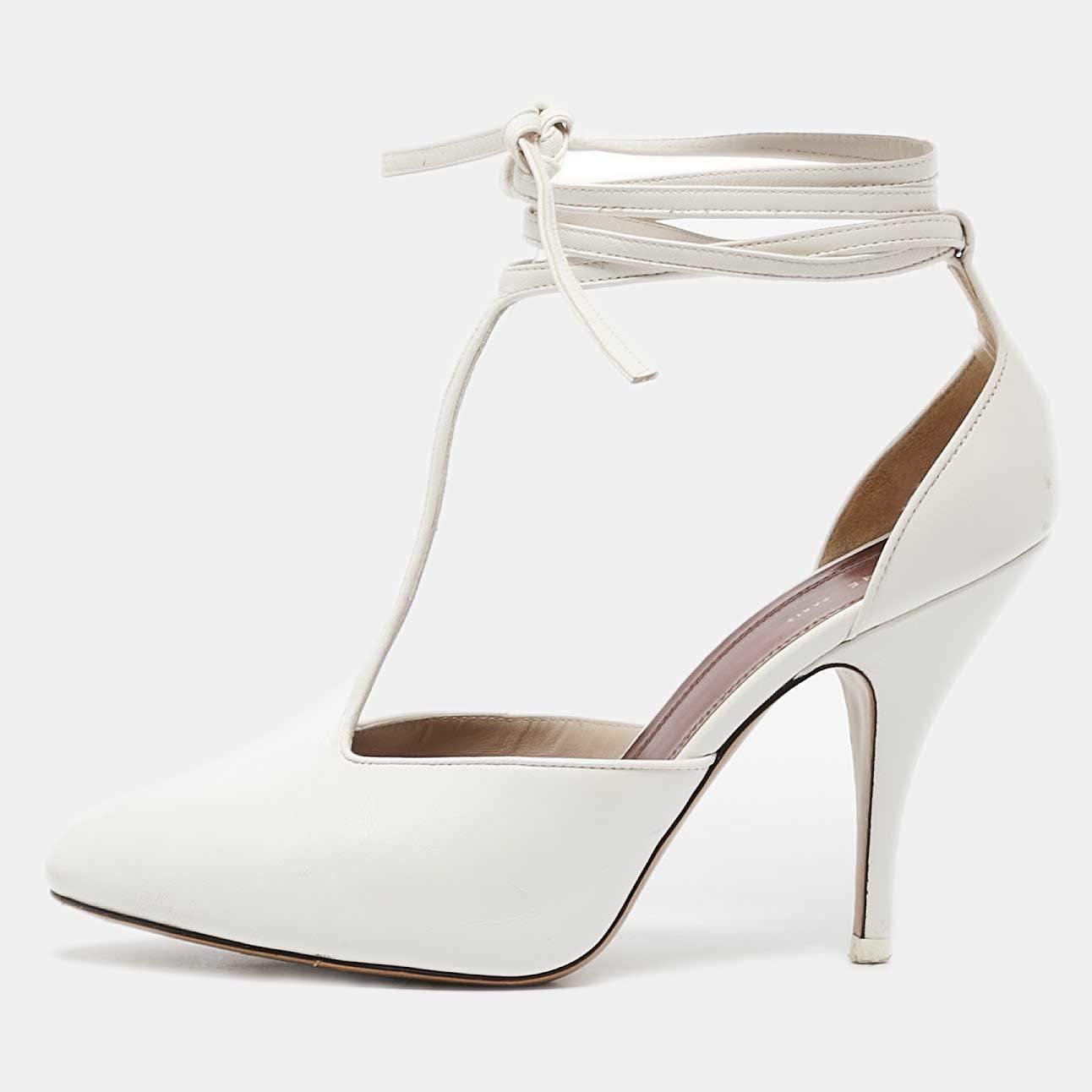 Celine White Leather Night Out T-Strap Ankle Wrap Pumps Size 36