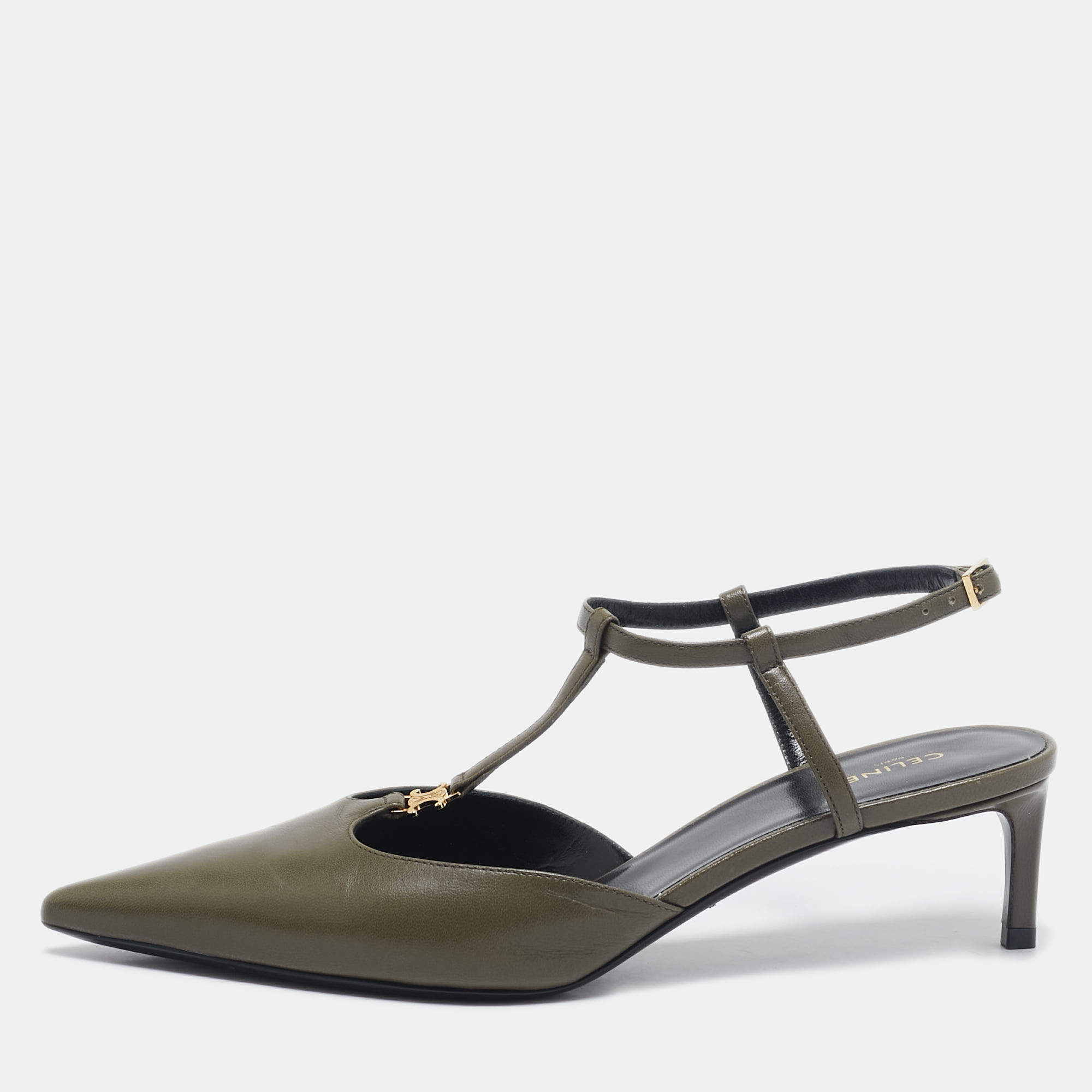 Pre Owned Celine Green Leather Pointed Toe Ankle Strap Pumps Size 37