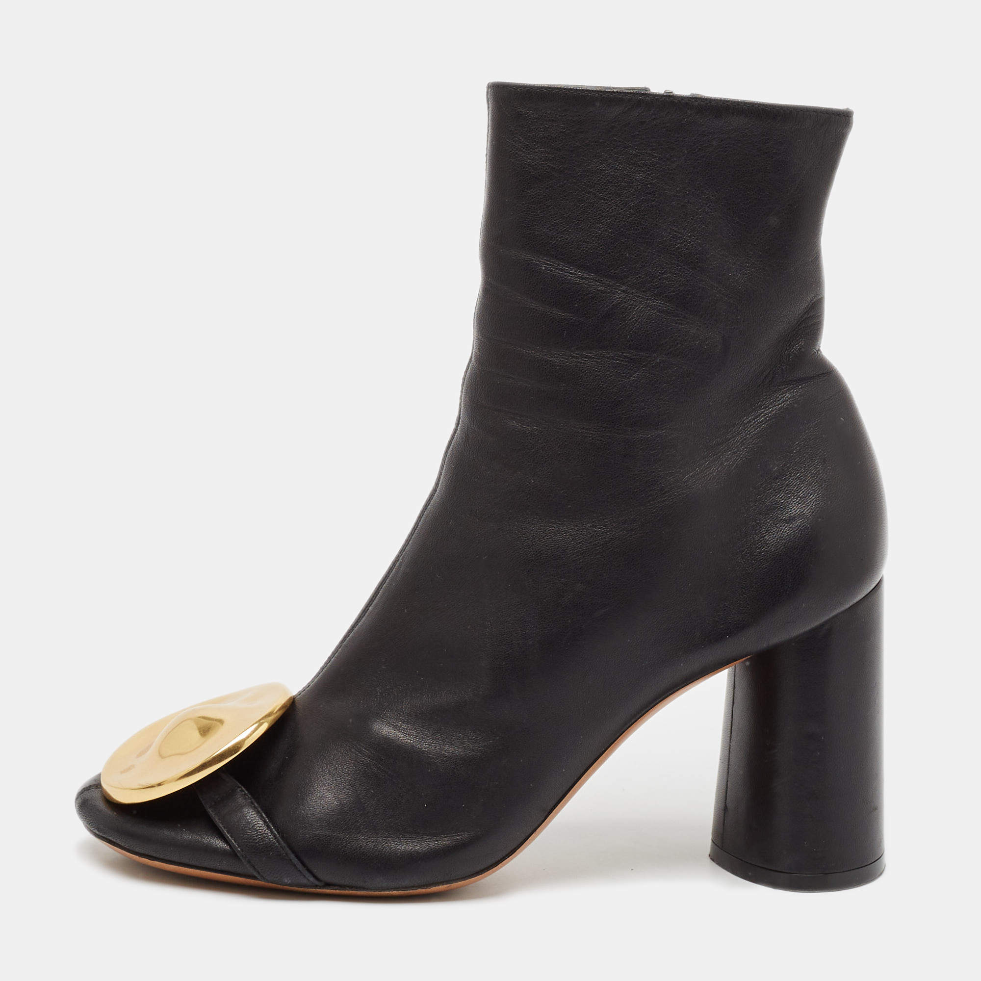 Pre Owned Celine Black Leather Crystal Embellished Ankle Length Boots Size 38.5