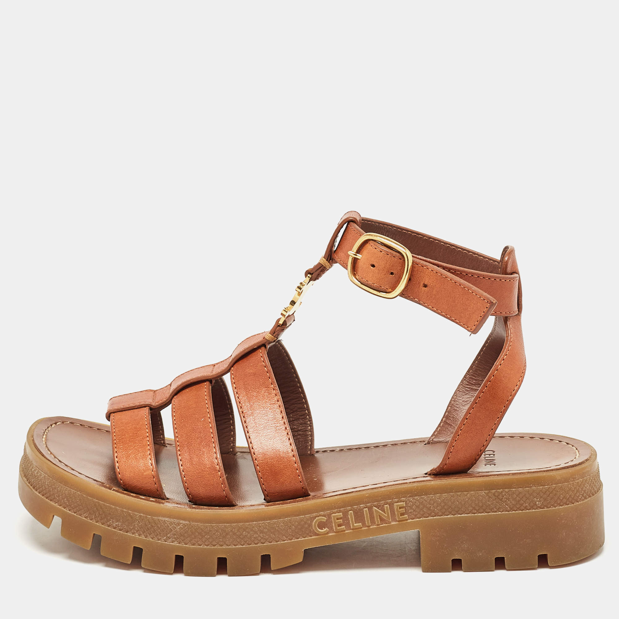 Pre Owned Celine Brown Leather Triomphe Flat Sandals Size 37