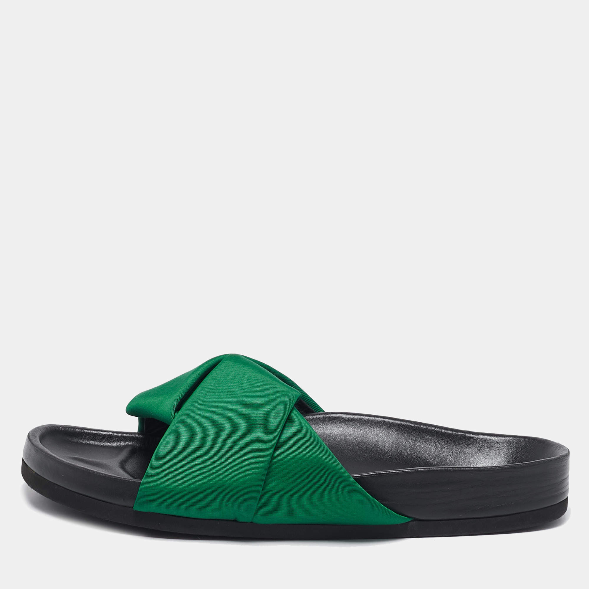Pre Owned Celine Green Canvas Crisscross Flat Slide Size 40