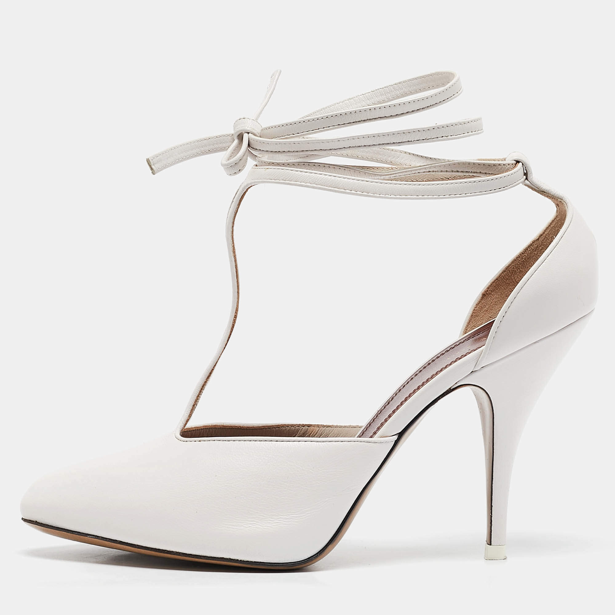 Celine White Leather Night Out T-Strap Ankle Wrap Sandals Size 37.5