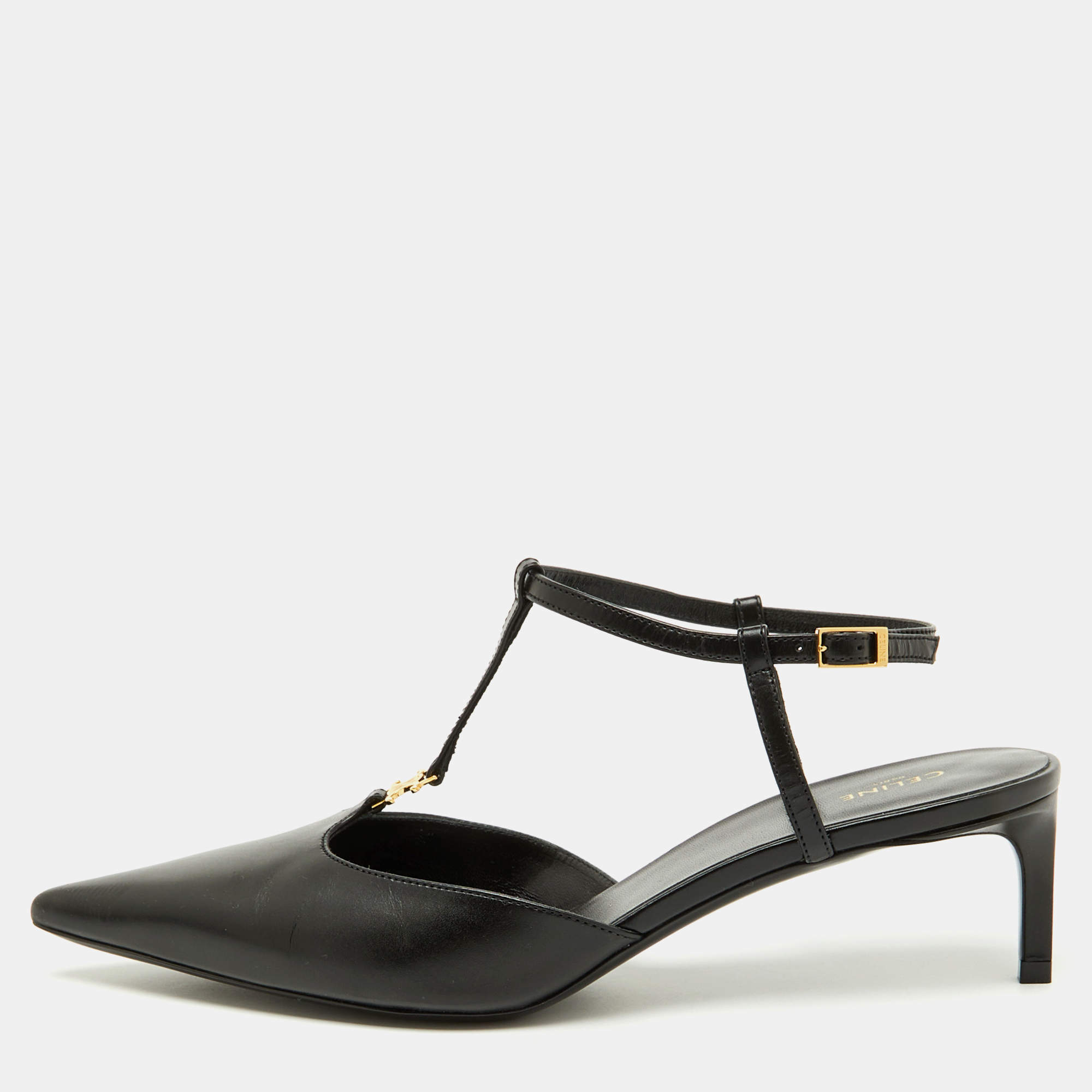 Pre Owned Celine Black Leather Pointed Toe T-Bar Strap Pumps Size 38