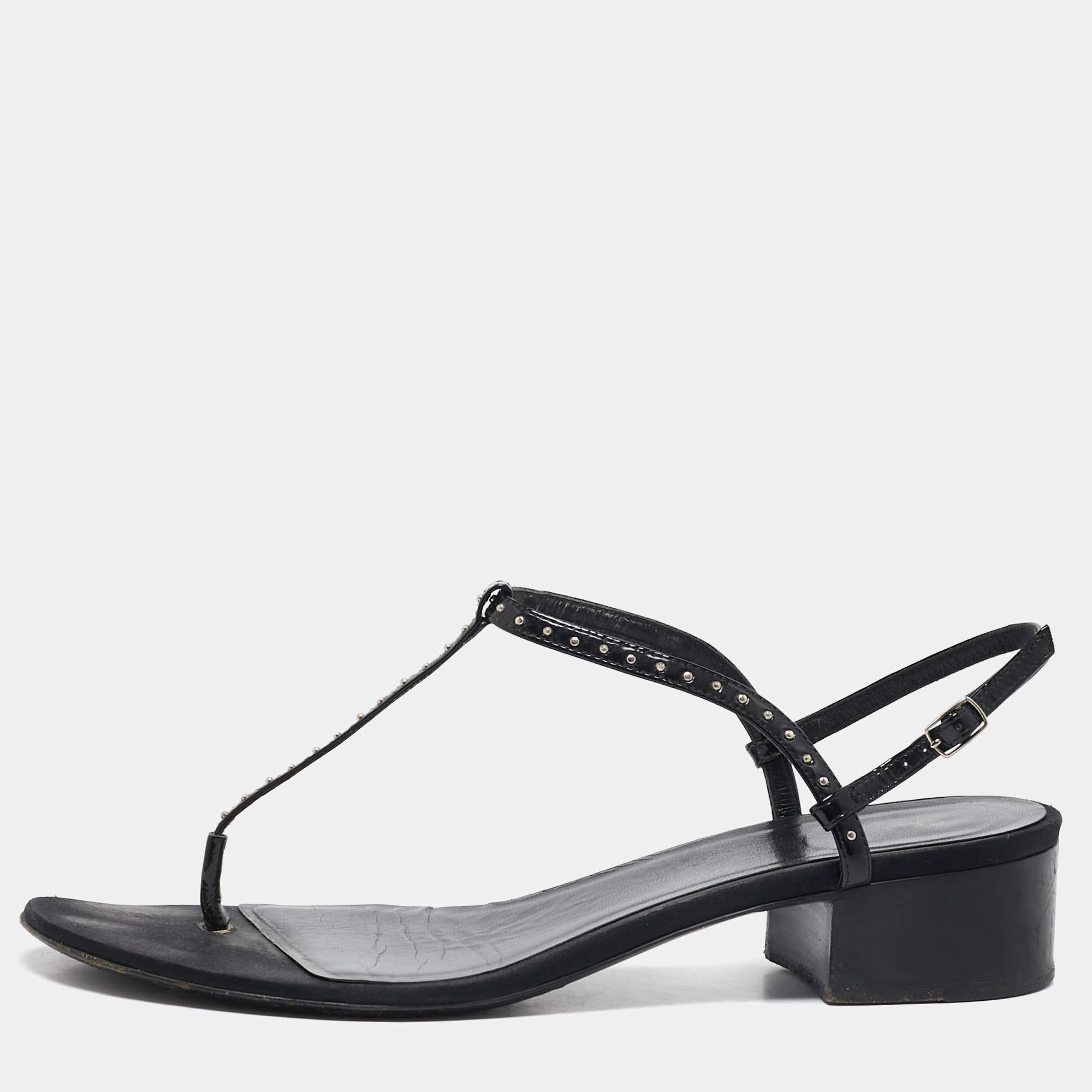 Pre Owned Celine Black Leather Studded T-Strap Sandals Size 39.5