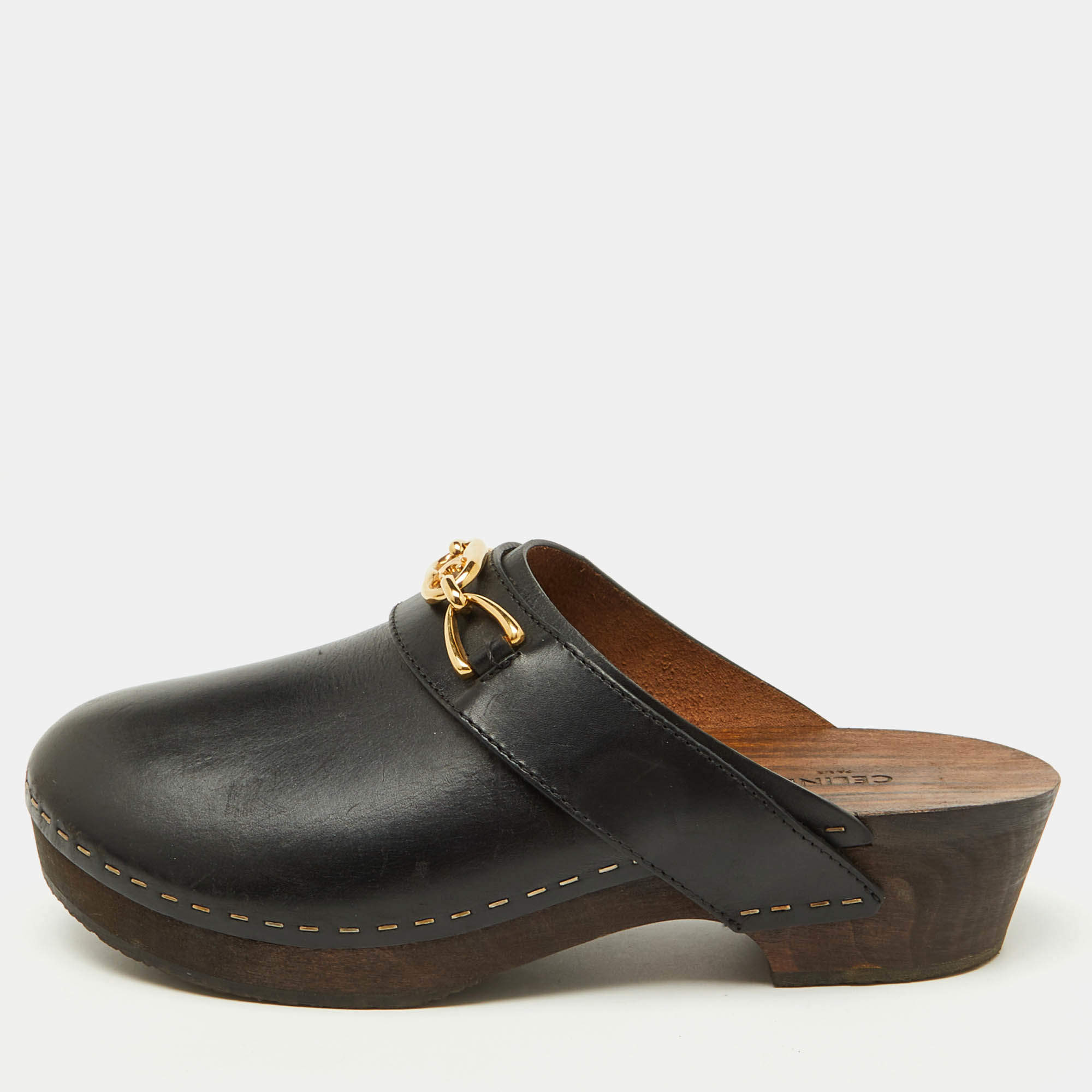 Pre Owned Celine Black Leather Chain Logo Detail Platform Clogs Size 39