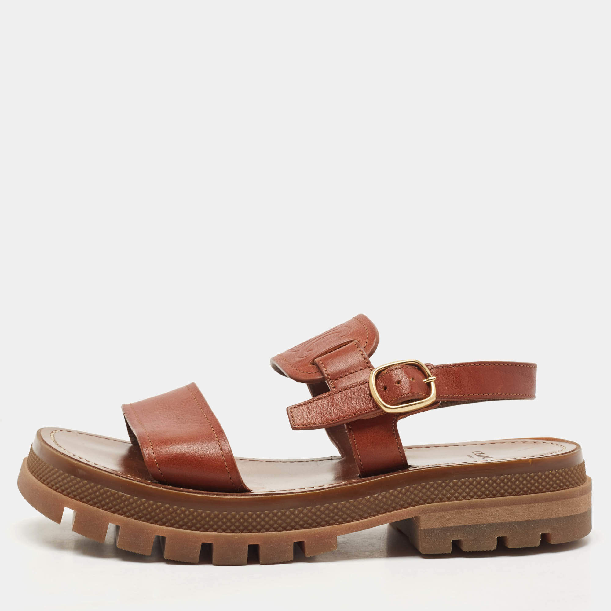 Celine Brown Leather Clea Triomphe Flat Sandals Size 37