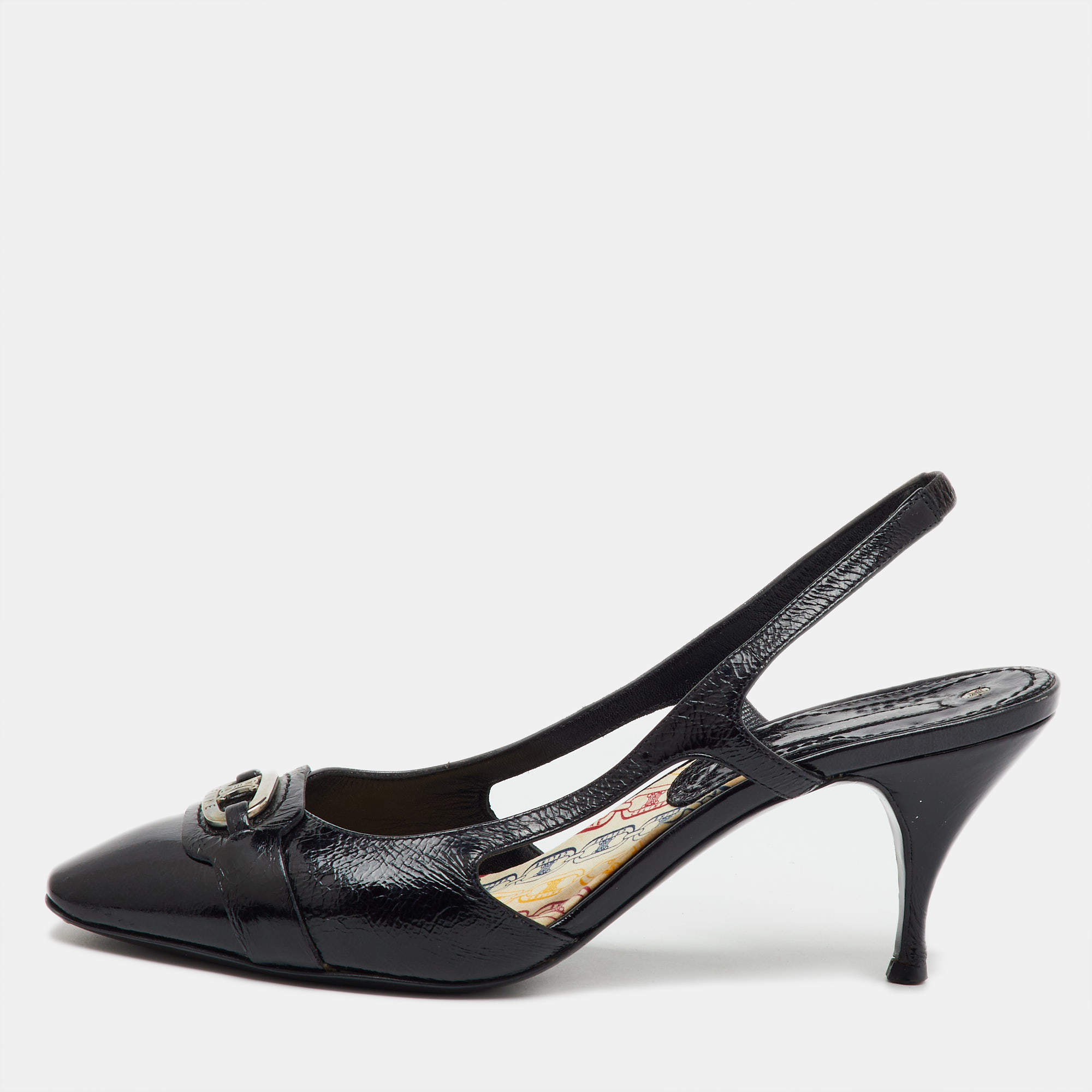 Celine Black Leather Logo Slingback Pumps Size 37.5