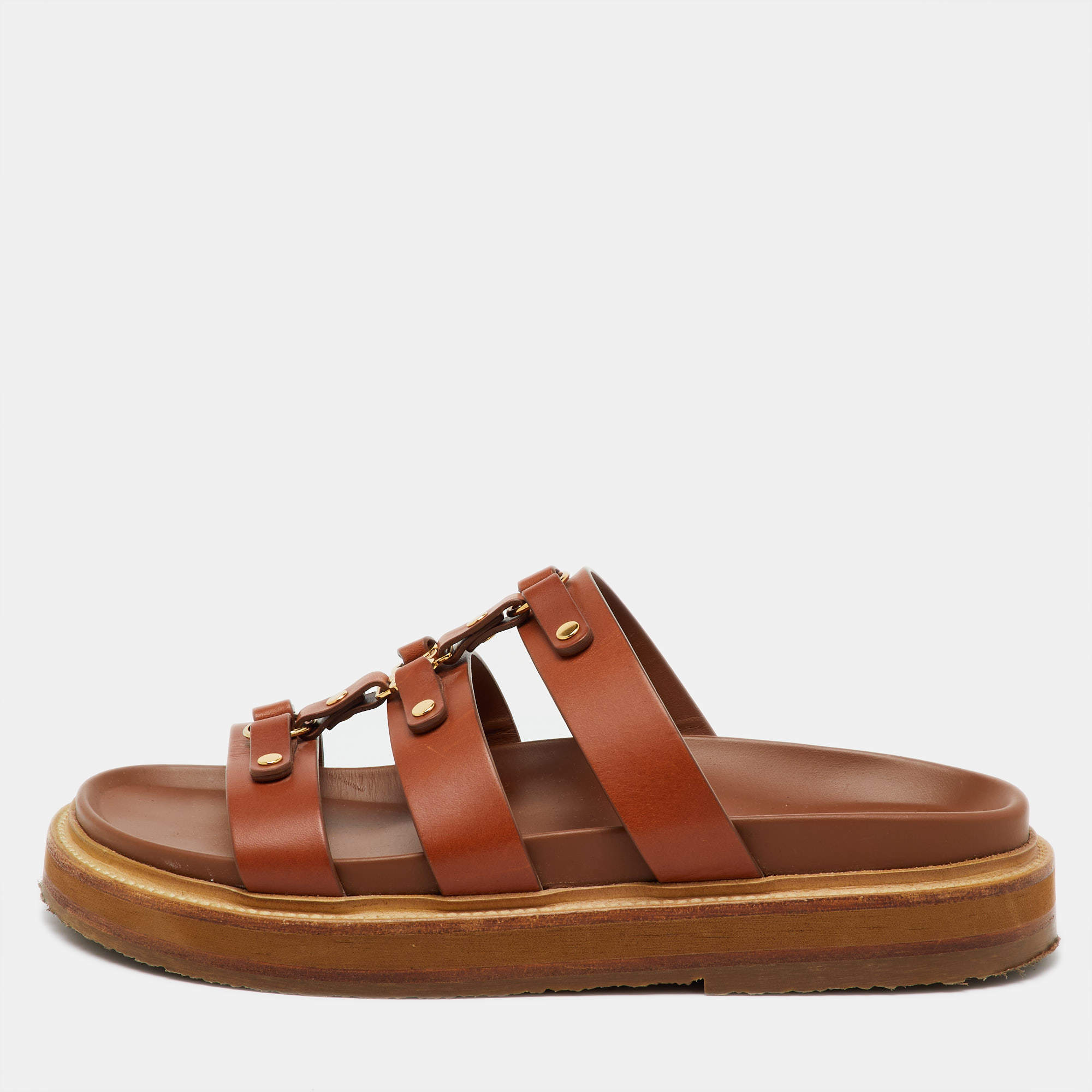 Pre Owned Celine Brown Leather Studded Tippi Slide Sandals Size 39