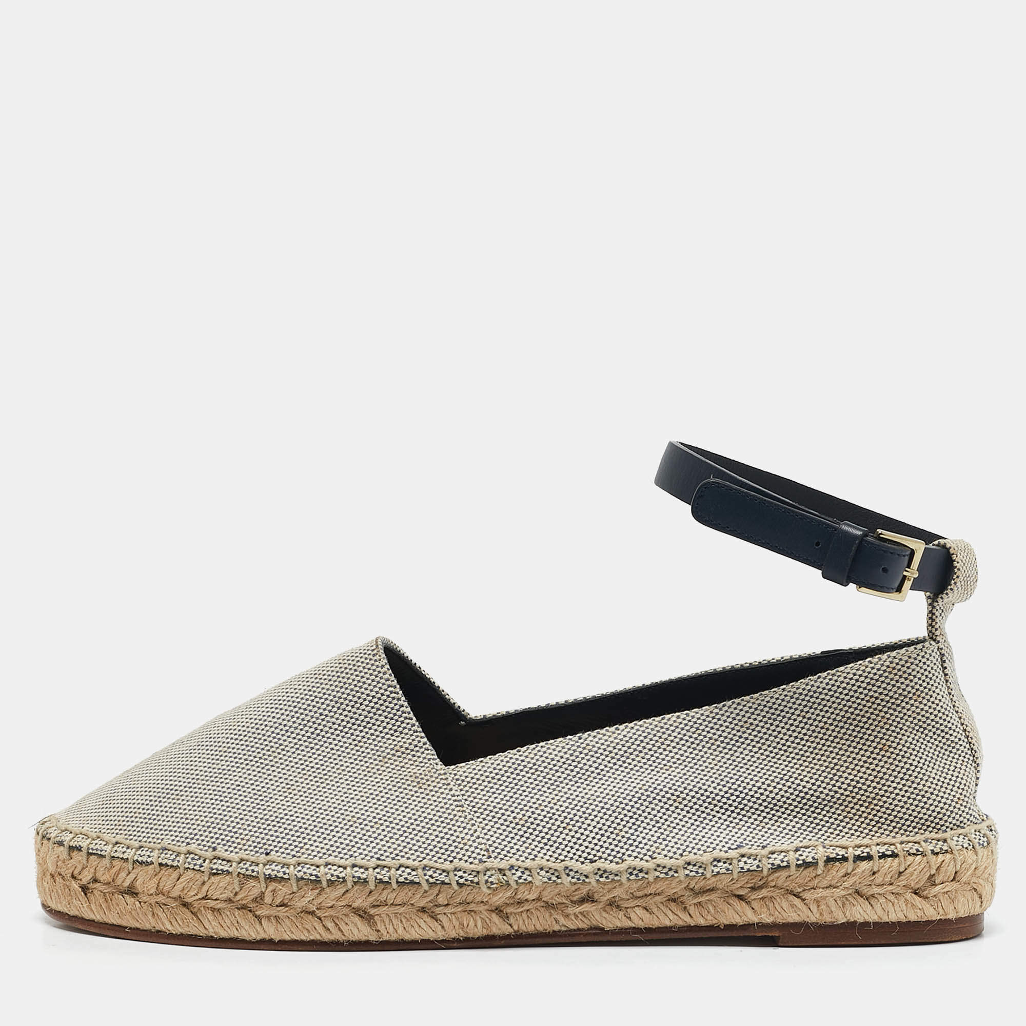 Celine White/Navy Blue Canvas Ankle Strap Espadrille Flats Size 38